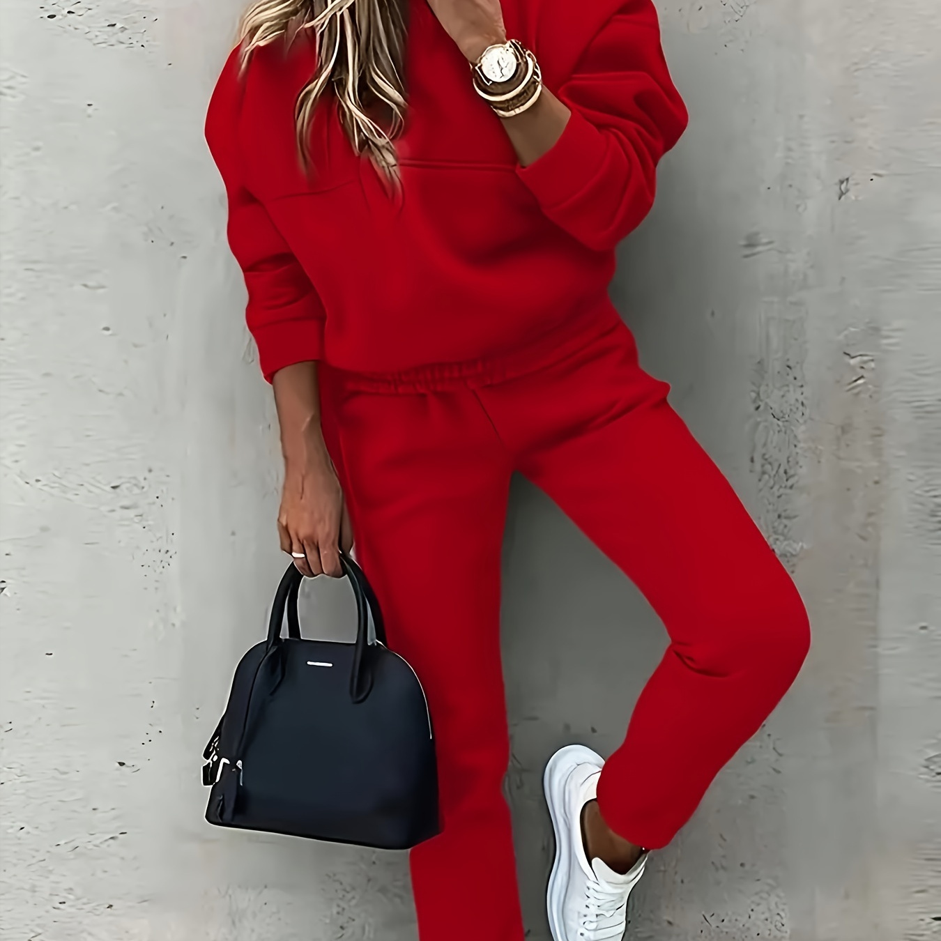 

1 Set Elegant Women's Hoodie And Sweatpants Combo, Polyester Knit Solid Color Loungewear, Casual Autumn/winter Outfit