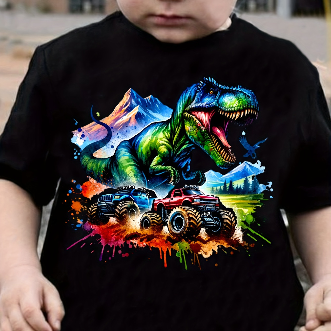 

Colorful Dino And Monster Truck Print Boy's Creative T-shirt, Vibrant Comfortable Crew Neck Top, Kids Summer Clothing