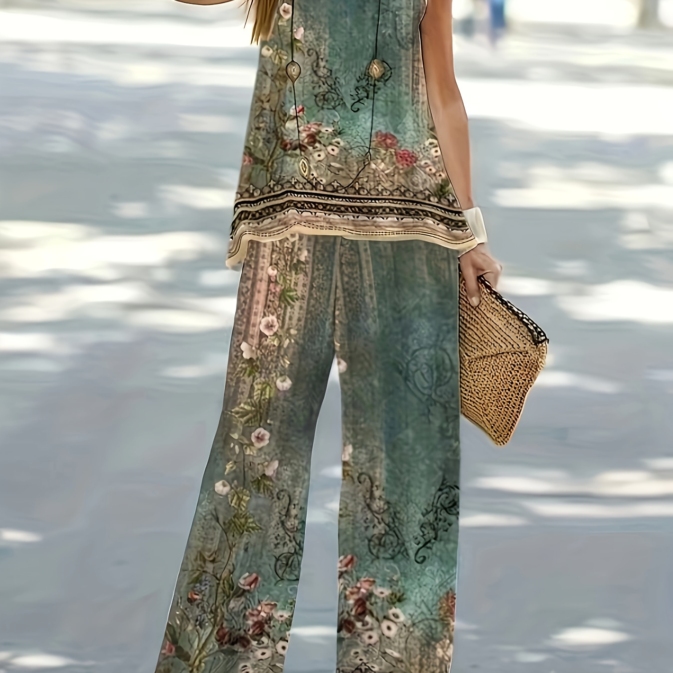 

Floral Print Summer Pantsuits Set, Crew Neck Tank Top & Wide Leg Pants Outfits, Women's Clothing