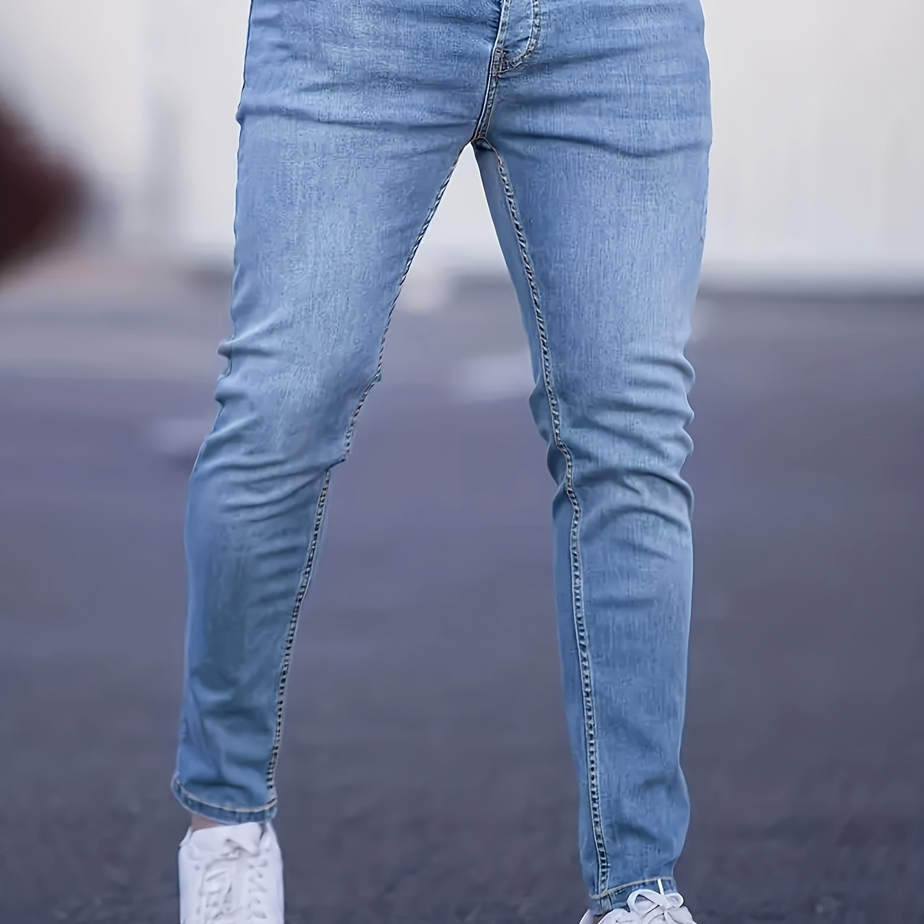 

Men's Cotton Blend Slightly Stretch Cropped Jeans, Chic Street Style Slim Fit Bottoms For Men, All Seasons