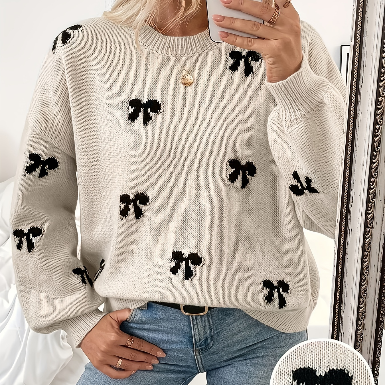 

Women's Casual Bow Pattern Sweater - Cream-colored, Lantern Sleeve, Round Neck, Polyester Pullover For Fall/winter