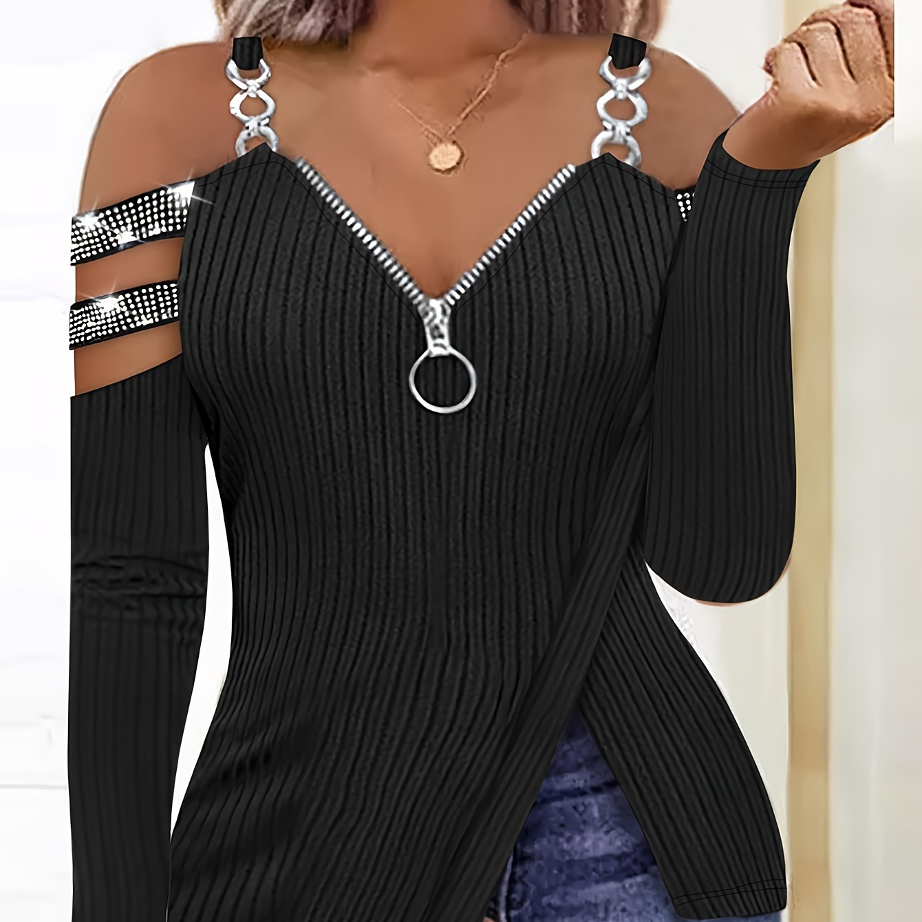 

Chain Detail Zip Front Cold Shoulder T-shirt, Casual Long Sleeve Top For Spring & Fall, Women's Clothing