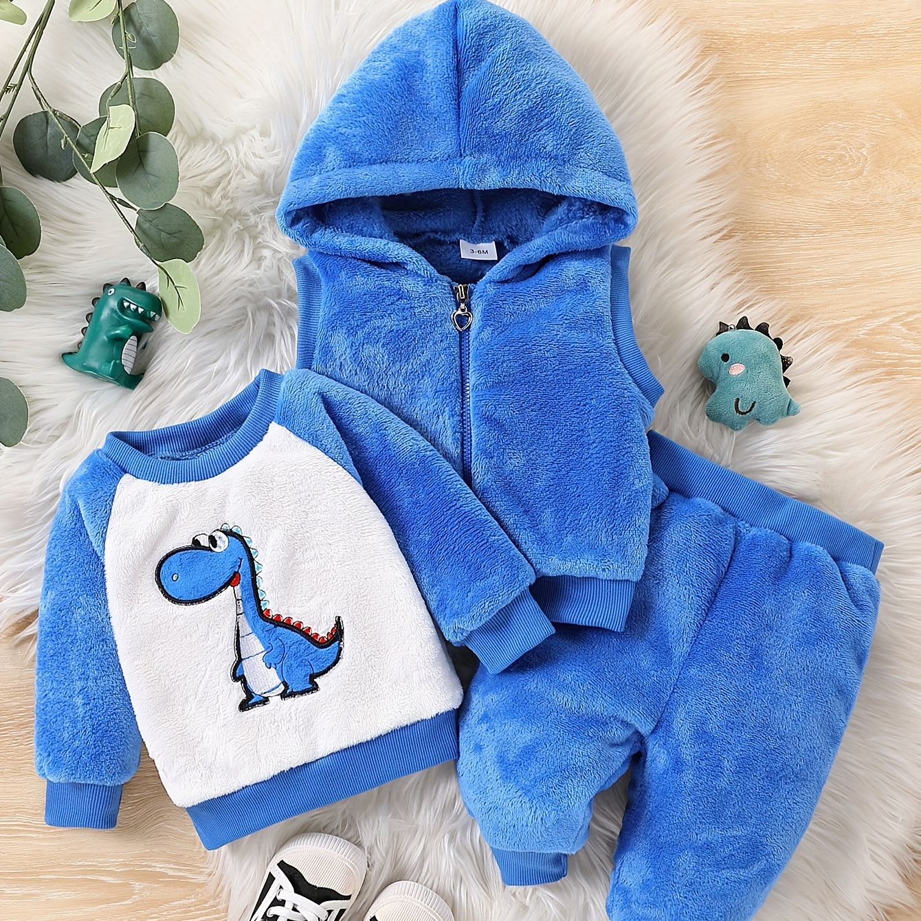 

3PCS Tenue pour bébé garçon, veste manches à capuche en et sweat-shirt à manches longues brodé de dinosaures et ensemble pantalon