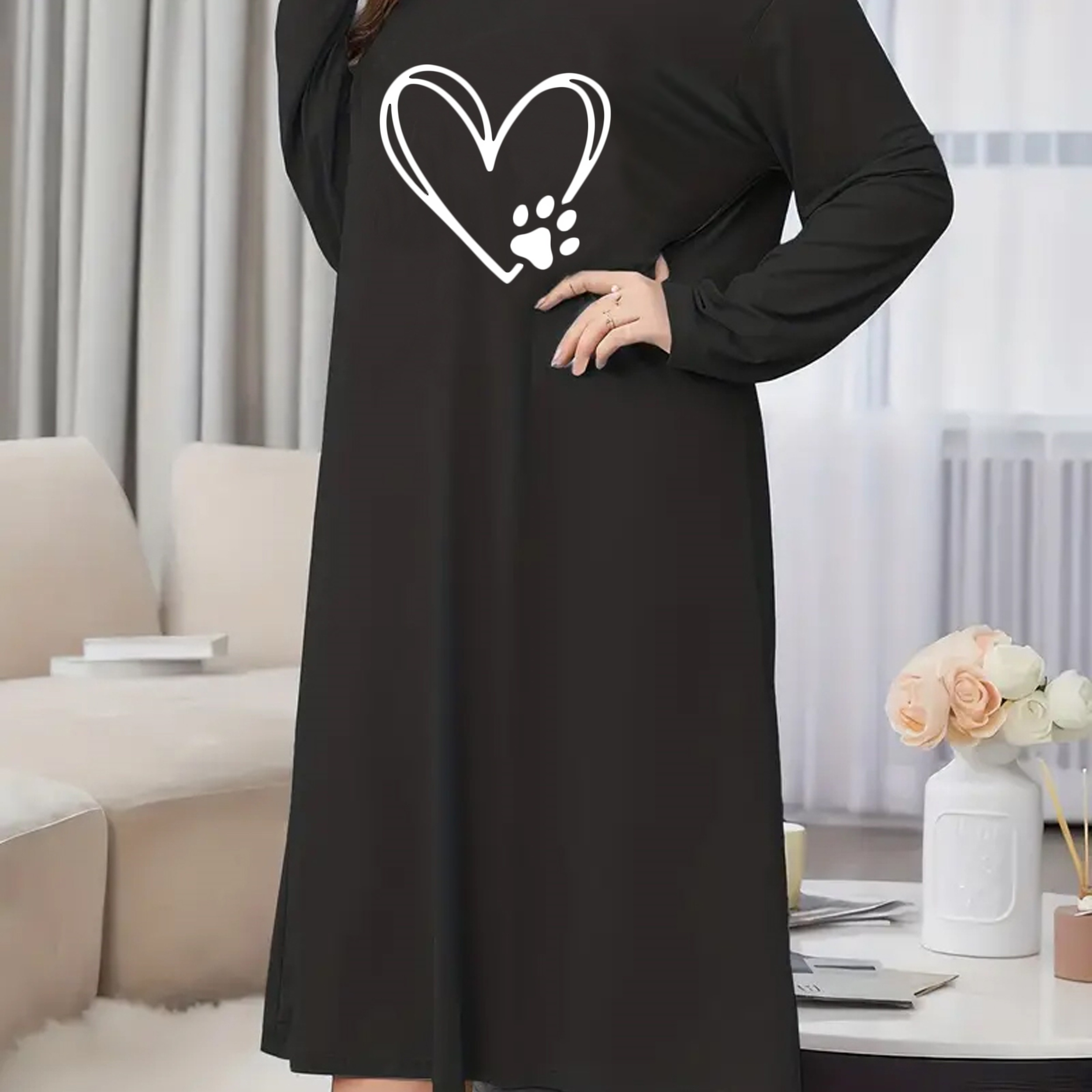 

Chemise de nuit simple grande taille, robe de nuit à manches longues avec de patte et de cœur pour femme, col rond et tissu extensible de taille moyenne