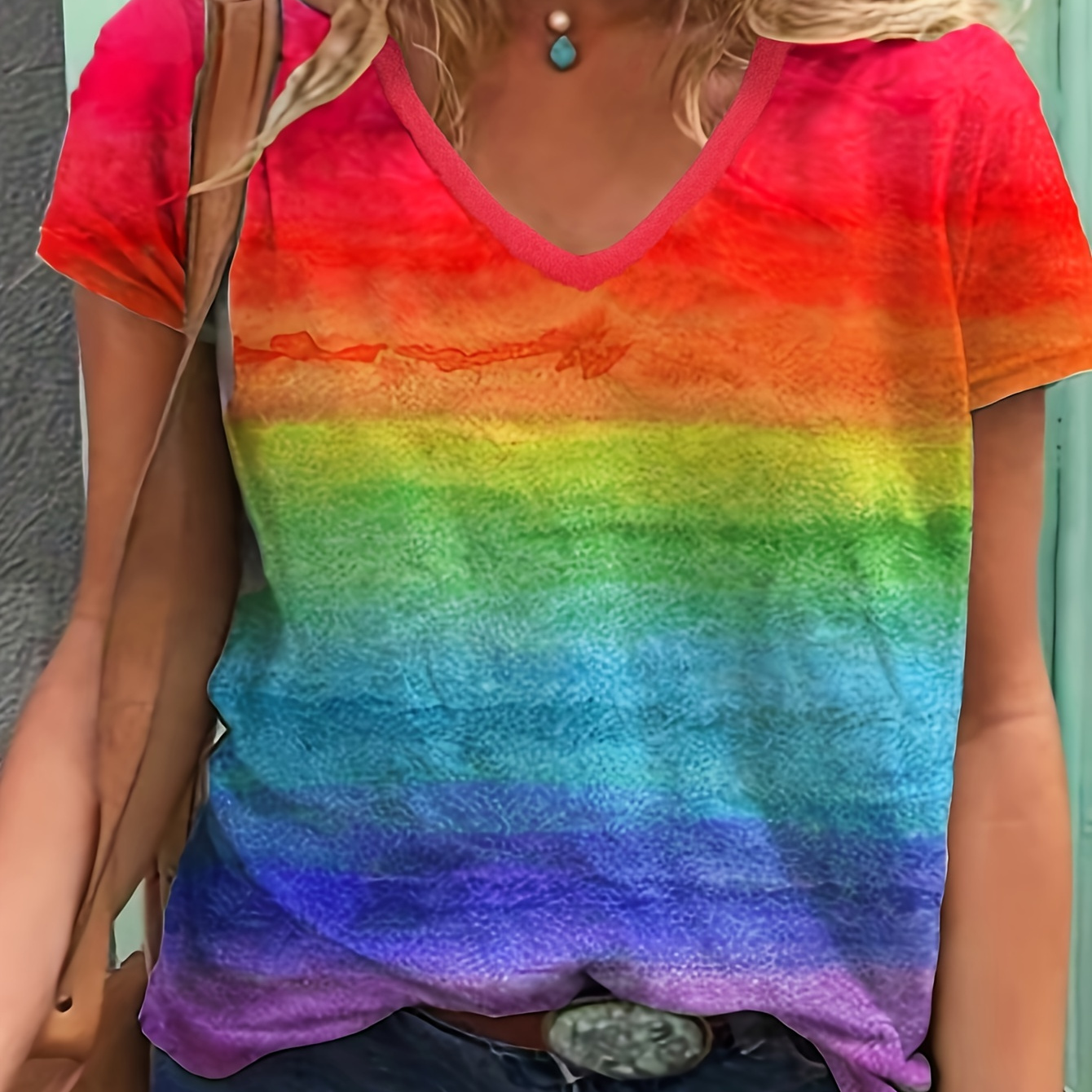 

Plus Size Casual T-shirt, Women's Plus Rainbow Color Print Short Sleeve V Neck Medium Stretch T-shirt