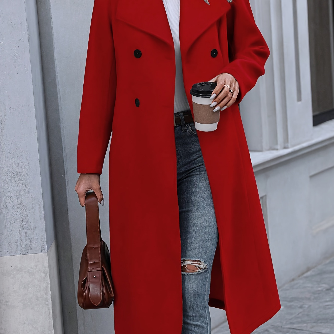 

Double-breasted Lapel Coat, Elegant Solid Long Sleeve Longline Coat For Fall & Winter, Women's Clothing