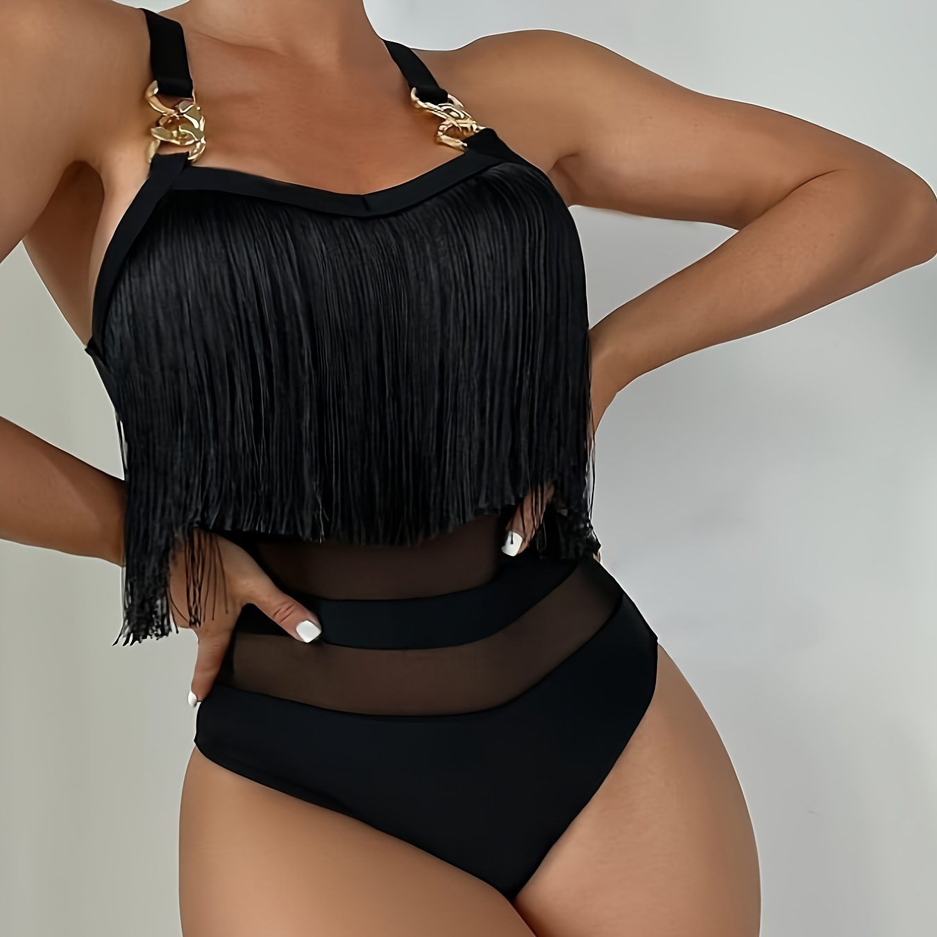 

Solid Color Sexy One-piece Swimsuit, Fringe Trim Contrast Mesh Metal Chain Decor Bathing Suits, Women's Swimwear & Clothing