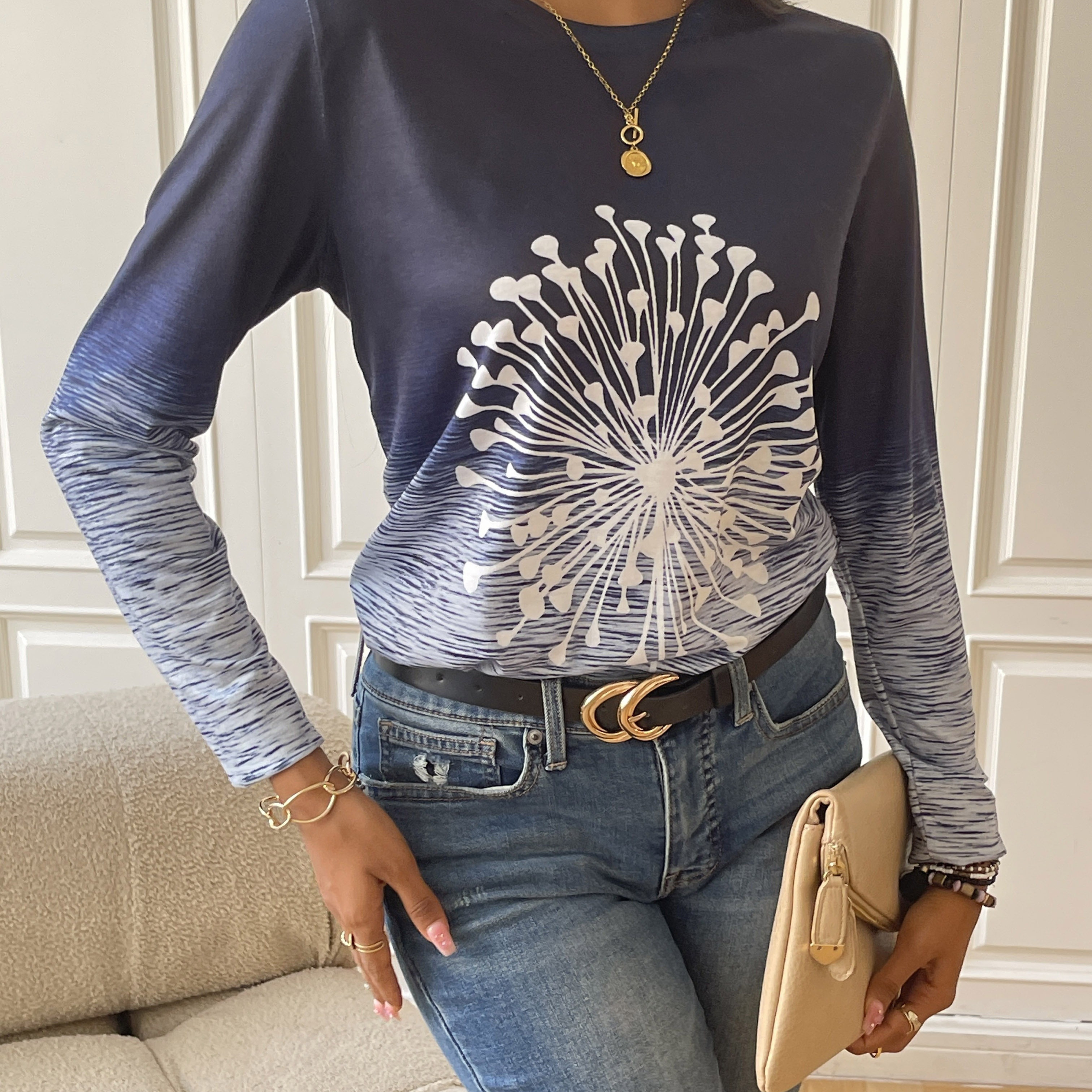 

Dandelion Print Colorblock Crew Neck T-shirt, Casual Long Sleeve Top For Spring & Fall, Women's Clothing