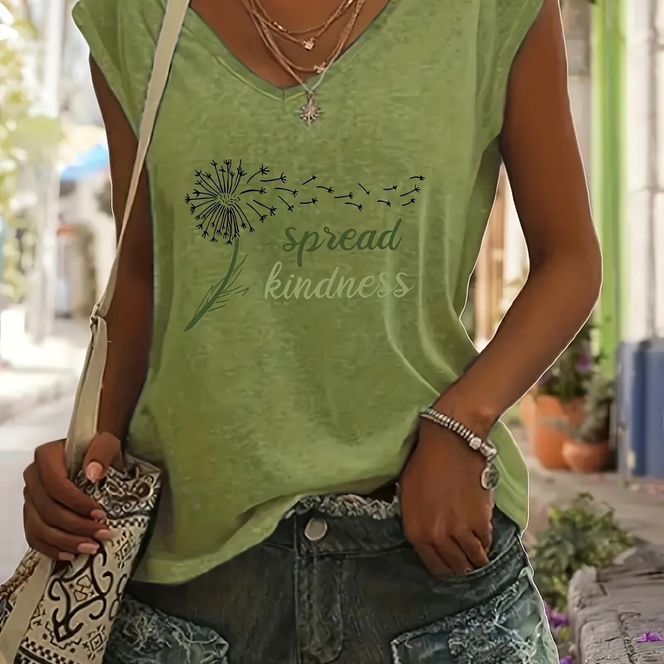 

Dandelion Print V Neck T-shirt, Casual Cap Sleeve T-shirt For Spring & Summer, Women's Clothing