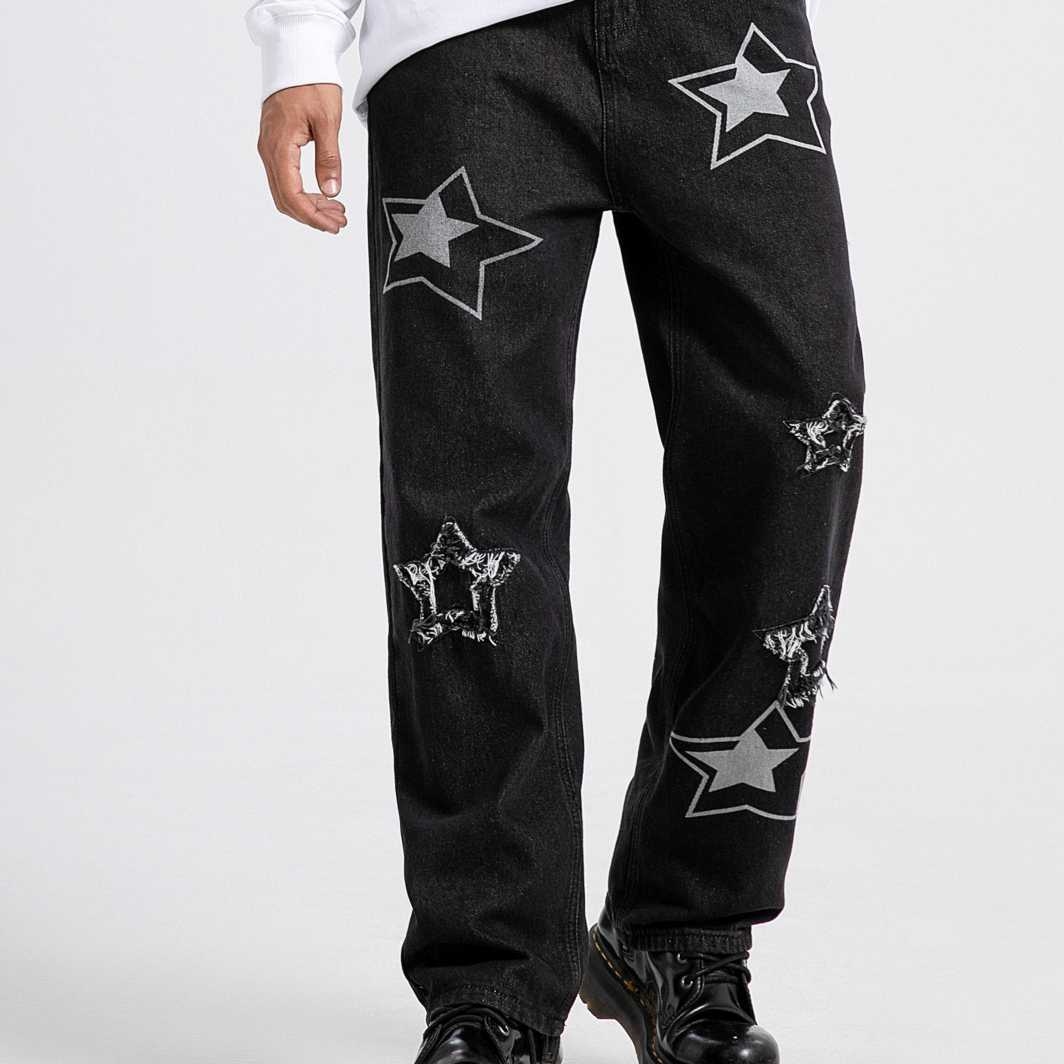 

Men's Denim Street 5 Pointed Star Embroidered Patch Denim Street Dance Hip-hop Skateboard Loose Pants