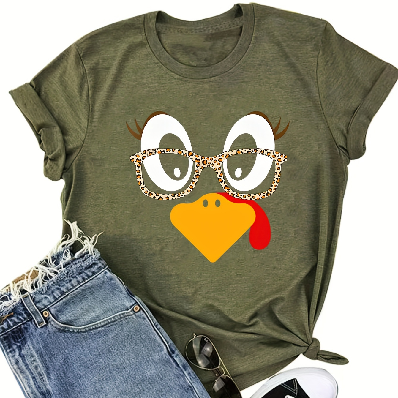 

Plus Size Turkey Print T-shirt, Casual Crew Neck Short Sleeve Top For Spring & Summer, Women's Plus Size clothing