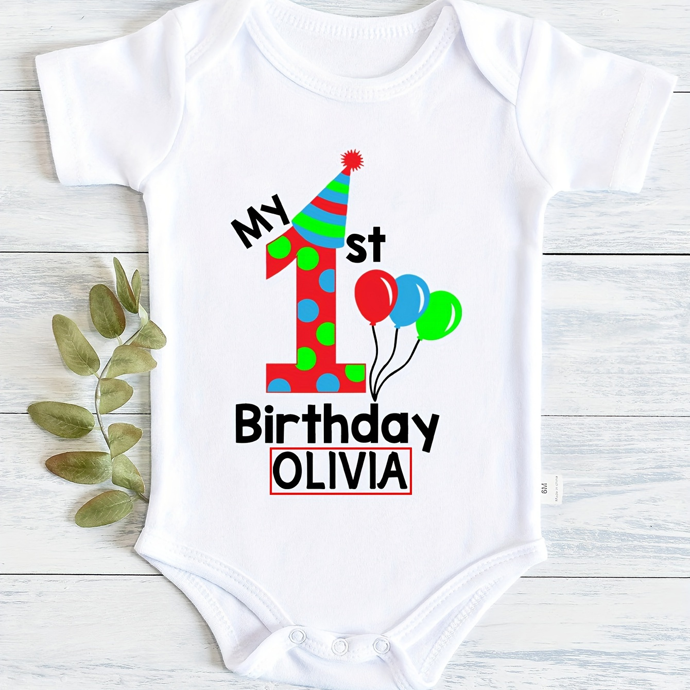 

Newborn Baby Girls' Custom My 1st Birthday & Cartoon Balloons Graphic Print Onesie, Casual & Comfy Short Sleeve Crew Neck Cotton Romper For Spring & Summer, Infant Girls' Personalized Clothing