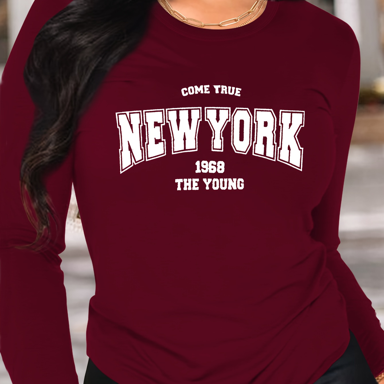 

Letter Print T-shirt, Long Sleeve Crew Neck Casual Top For Spring & Fall, Women's Clothing