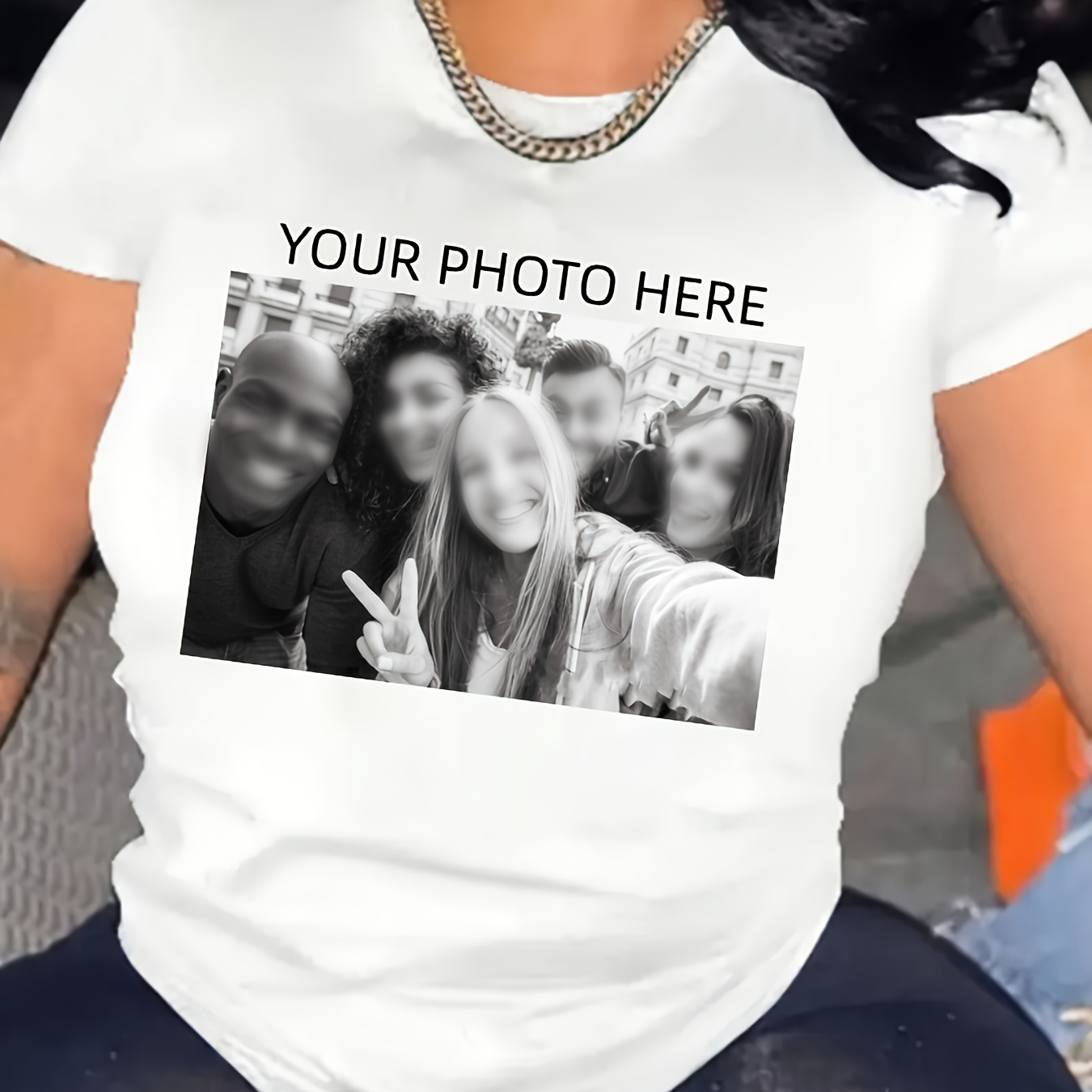 

Plus Size Customized Picture Design T-shirt, Casual Short Sleeve Crew Neck Top For Spring & Summer, Women's Plus Size Clothing