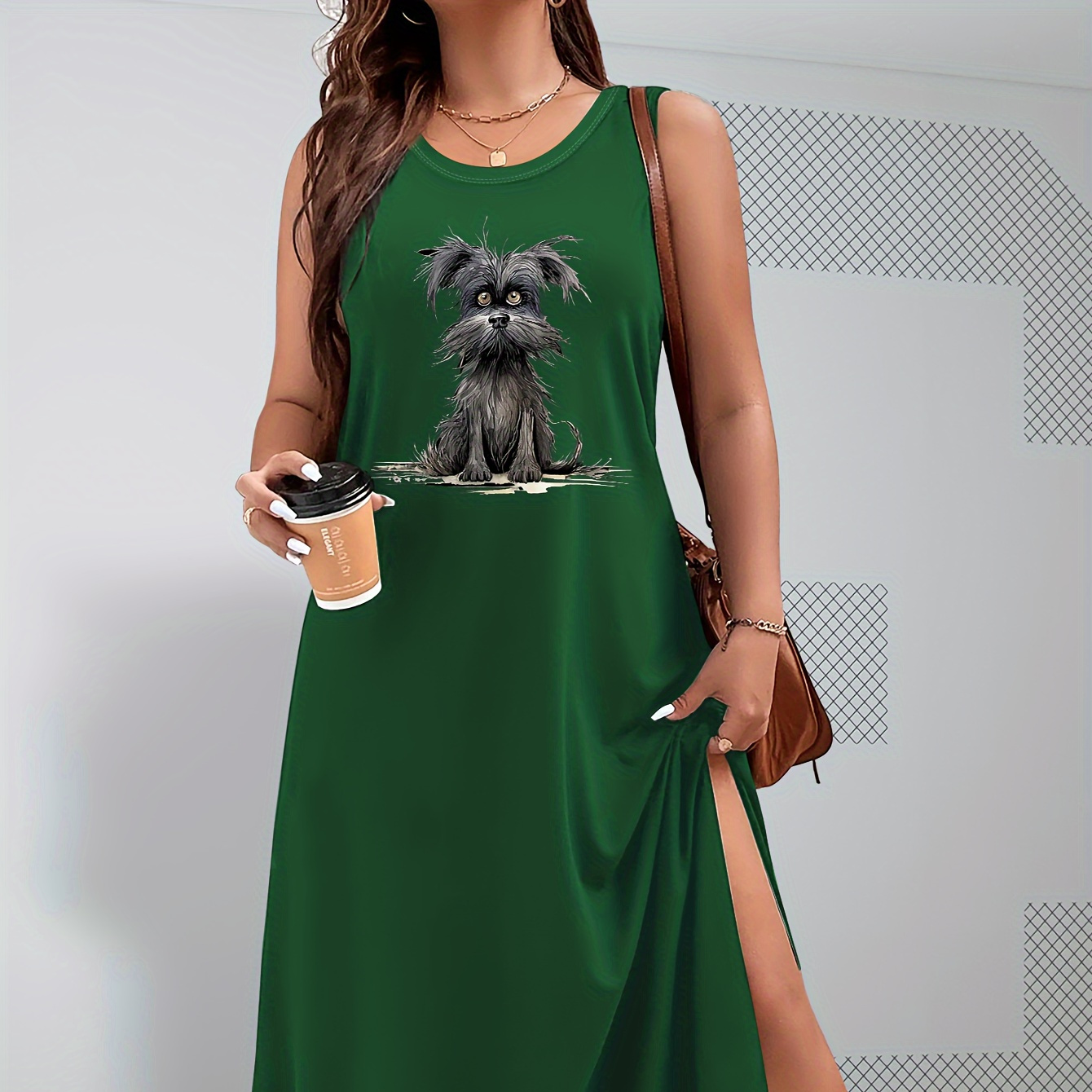 

Dog Print Crew Neck Tank Dress, Casual Sleeveless Crew Neck Maxi Dress, Women's Clothing