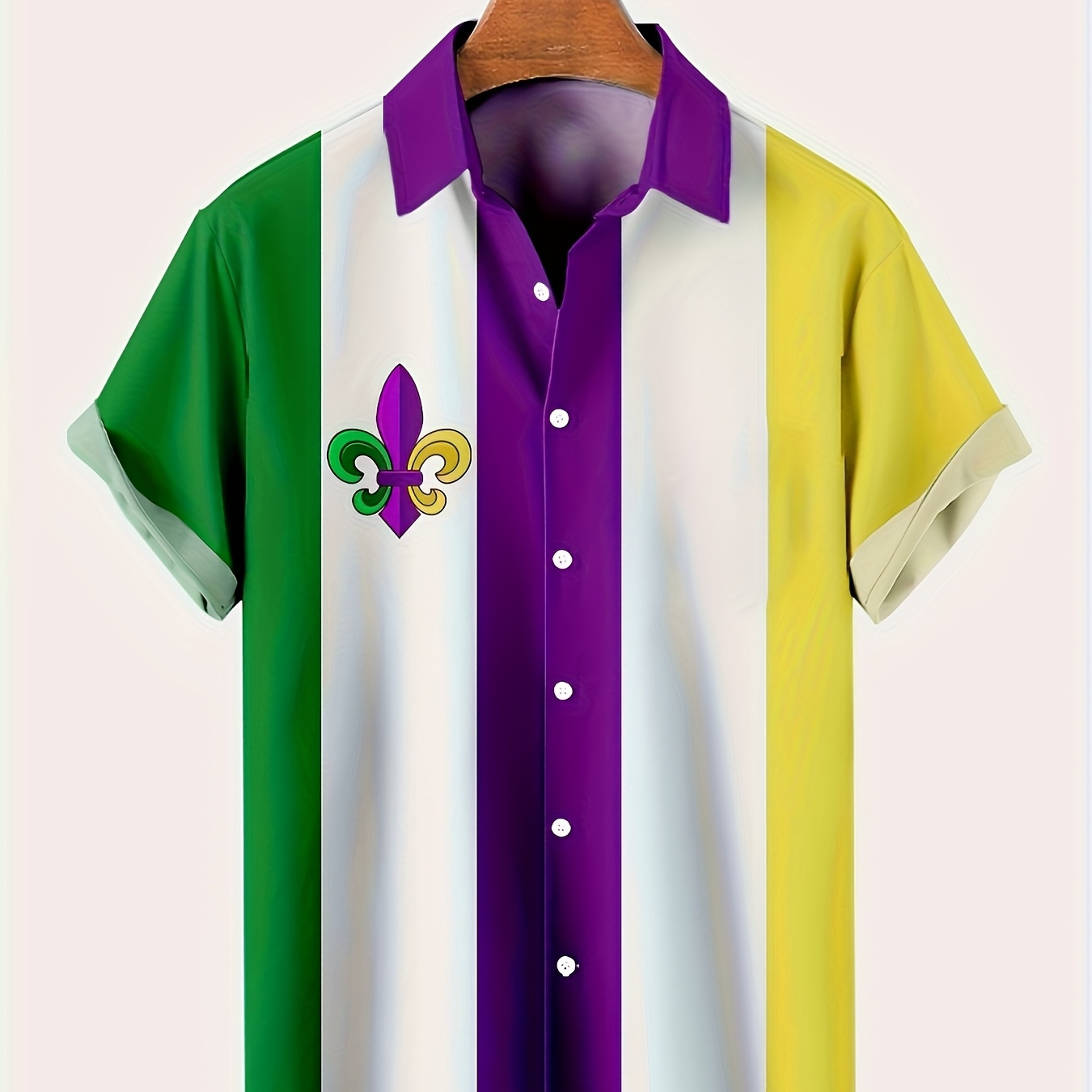 

Men's Mardi Gras Celebration Short Sleeve Shirt - , Striped Design With Emblem, Casual Button-up, Lightweight Polyester, Machine Washable