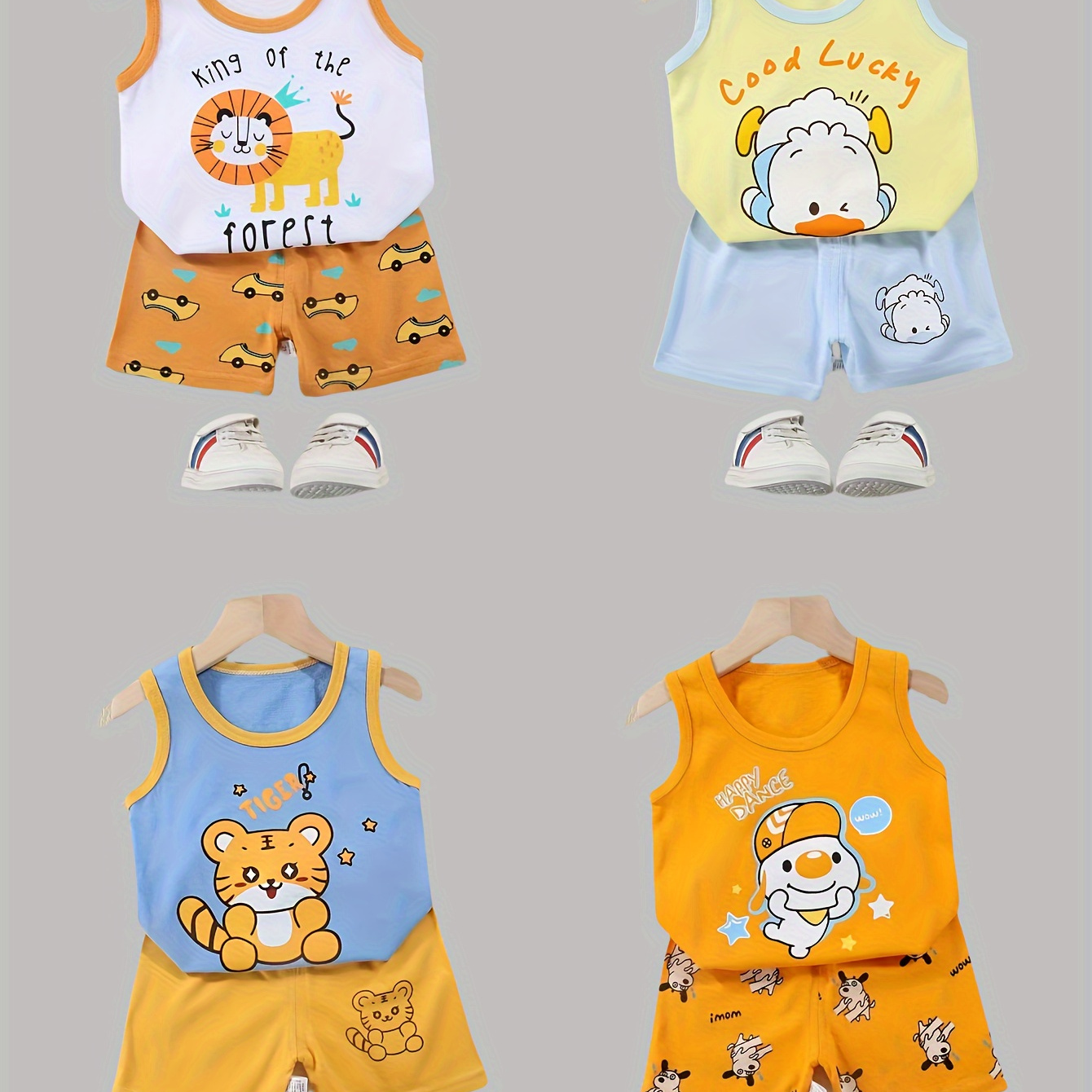 

4 Sets Of Children's Sleeveless Vest Set Cartoon Cute Animal Children's Sports Set Breathable And Comfortable Baby Summer Clothing Pattern Summer Pure Cotton Boy Set Baby Shorts T-shirt Set