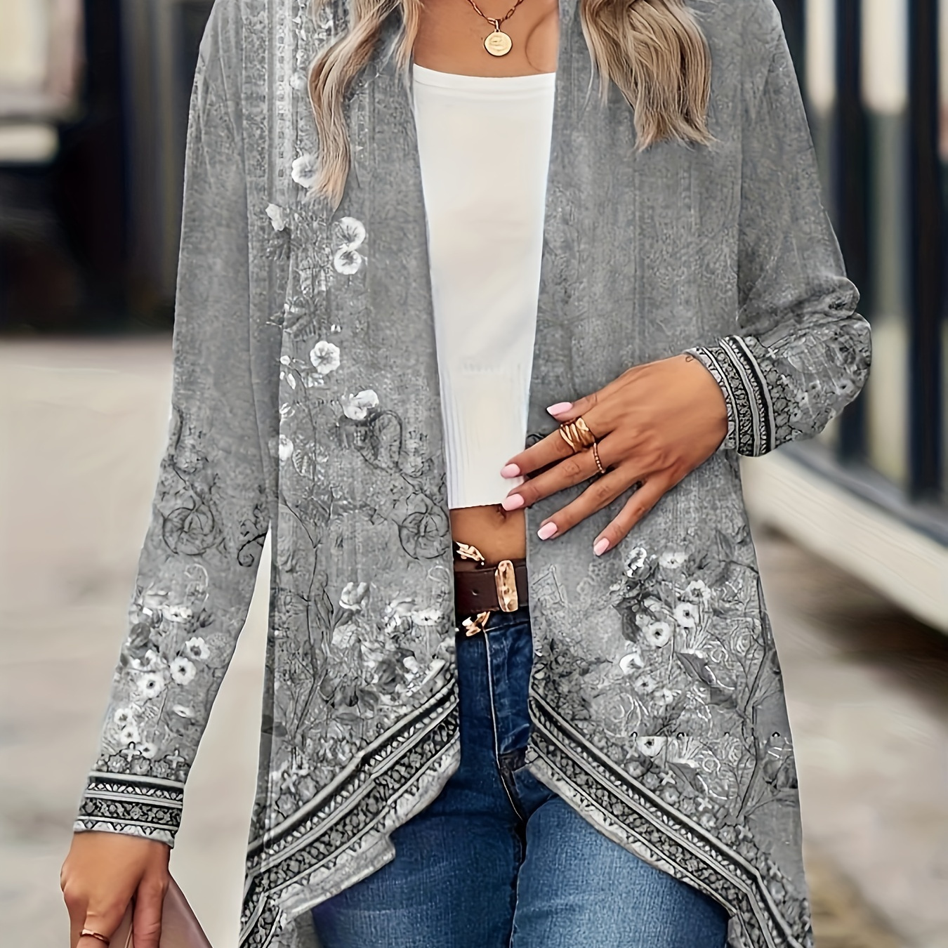 

Floral Print Open Front Cardigan, Casual Dipped Hem Long Sleeve Cardigan For Spring & Fall, Women's Clothing