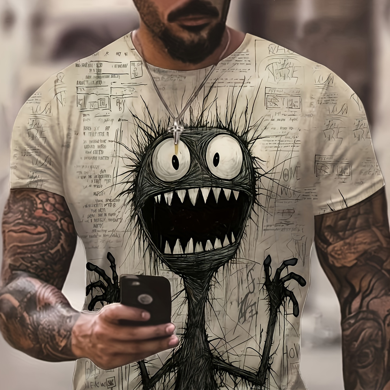 

Screaming Monster Pattern Crew Neck And Short Sleeve T-shirt, Chic And Stylish Tops For Men's Summer Street Wear