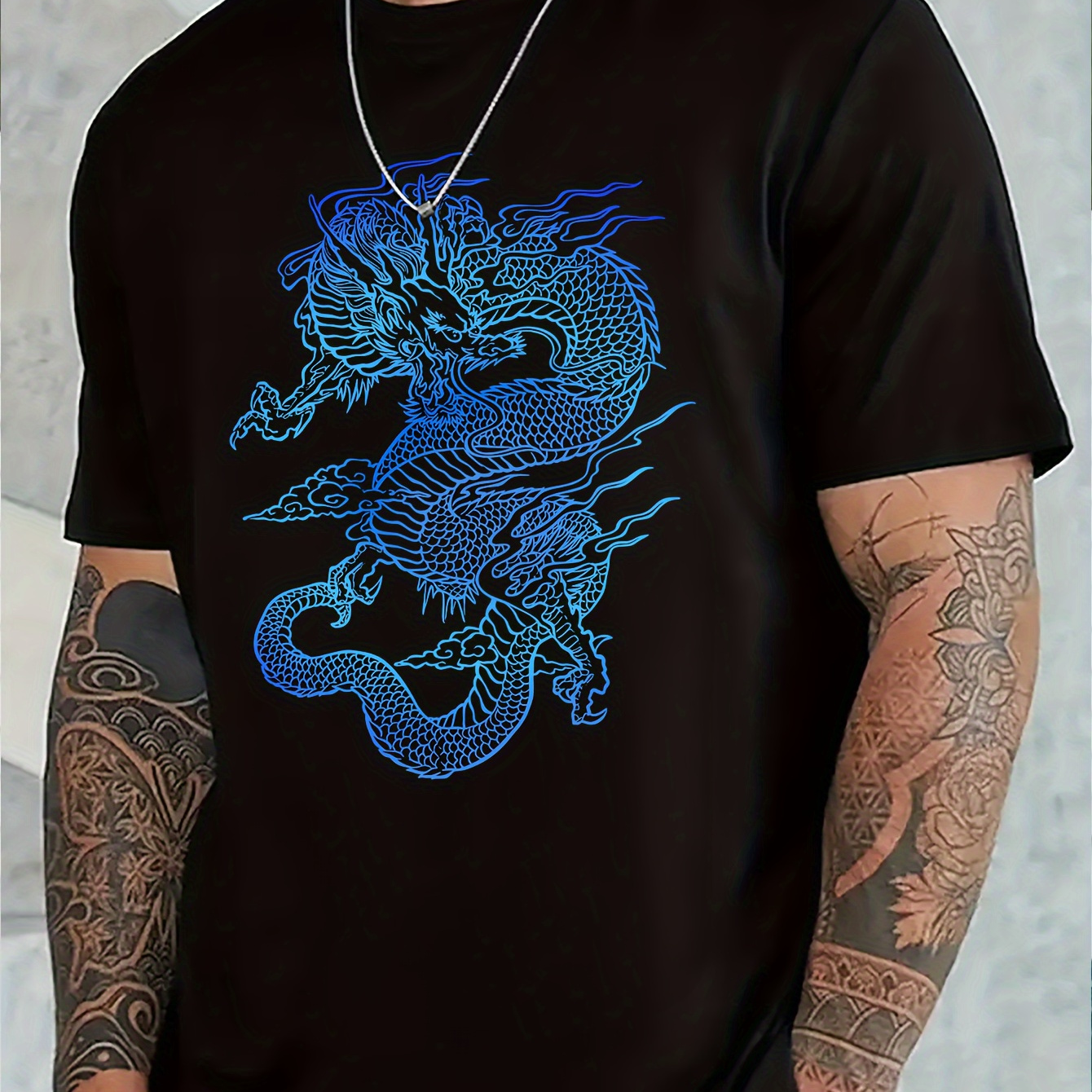 

Plus Size Men's Dragon Graphic Print T-shirt, Summer Trendy Casual Short Sleeve Tees For Big & Tall Males