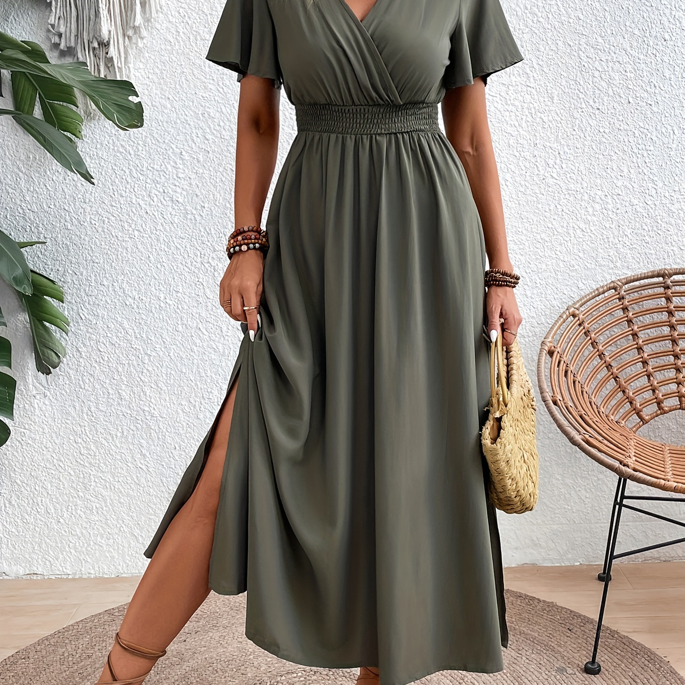 

Shirred Waist Split Hem Dress, Elegant Surplice Neck Short Sleeve Dress For Spring & Summer, Women's Clothing