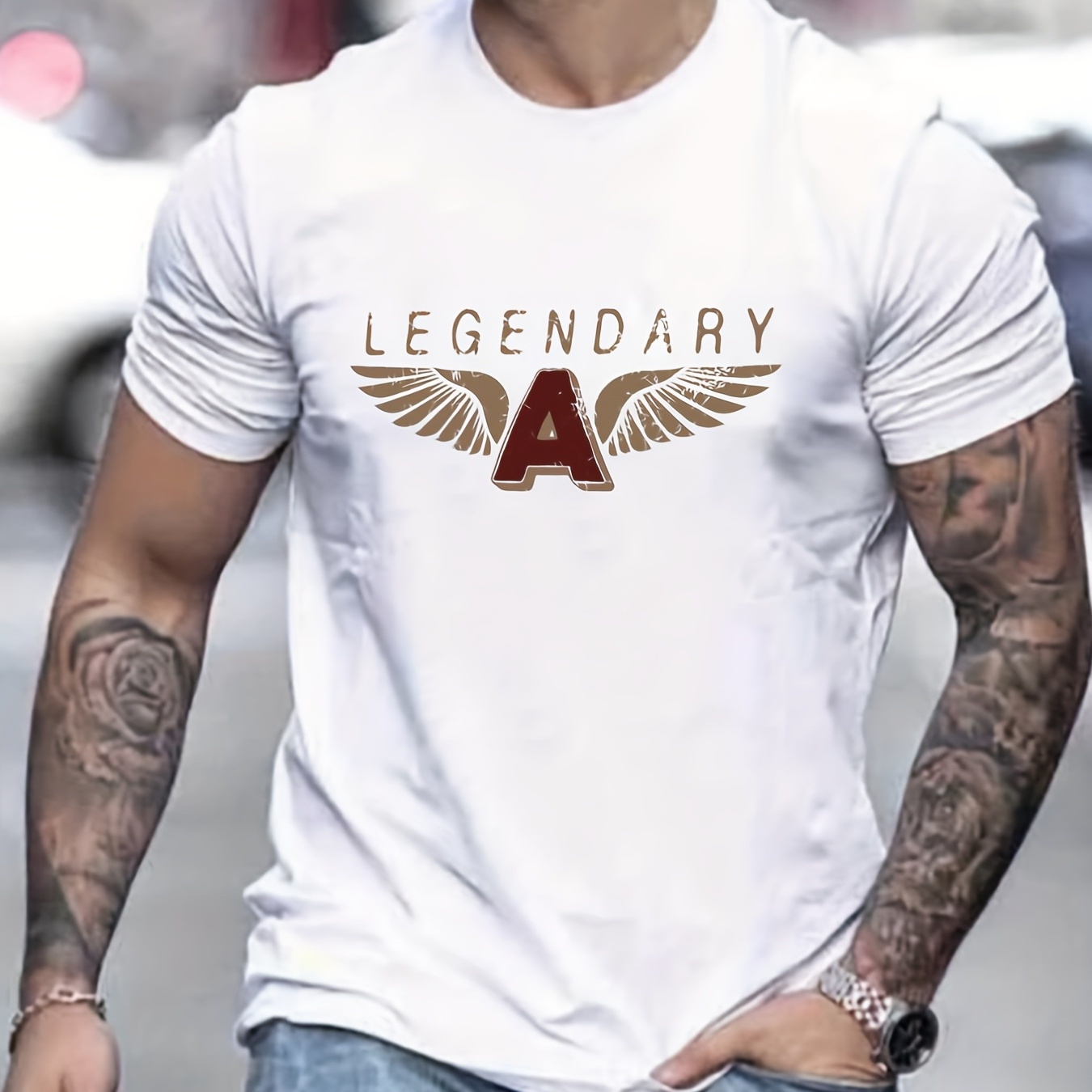

Trendy Letter A With Wings & Letter Pattern Print Men's T-shirt, Graphic Tee Men's Summer Clothes, Men's Outfits