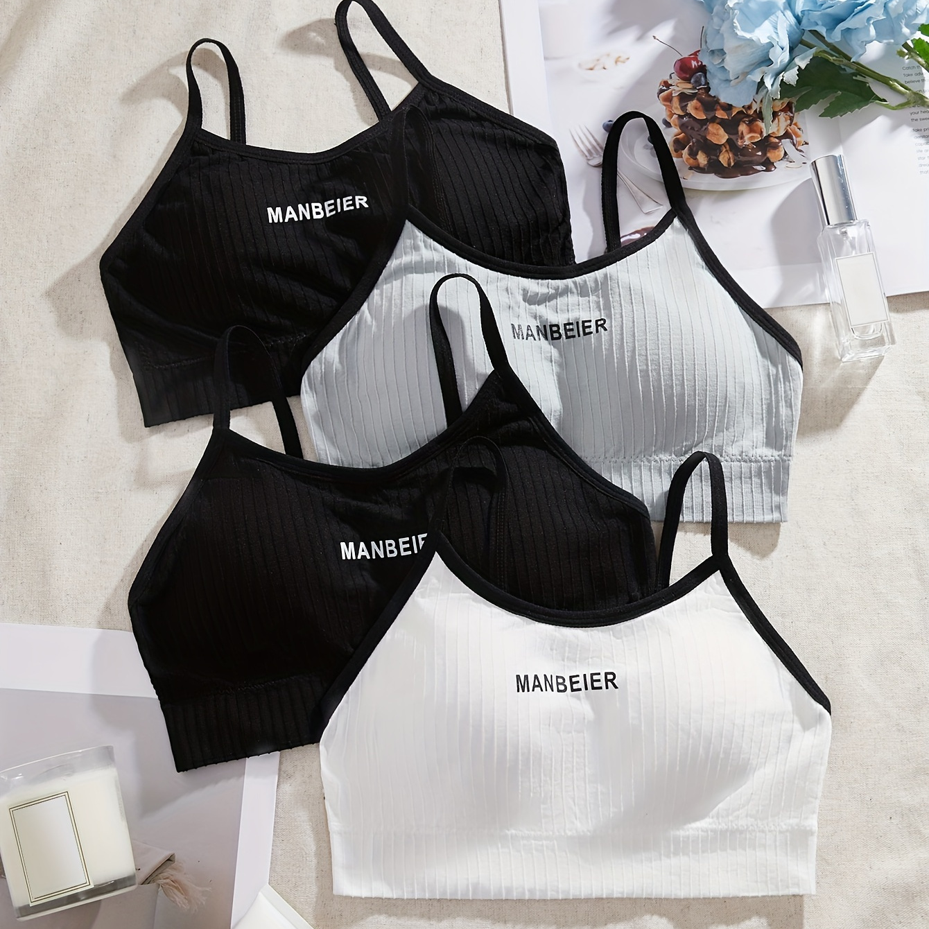 

4 Pcs Letter Print Ribbed Sports Bra, Comfy & Breathable Full Coverage Wireless Cami Bra, Women's Lingerie & Underwear