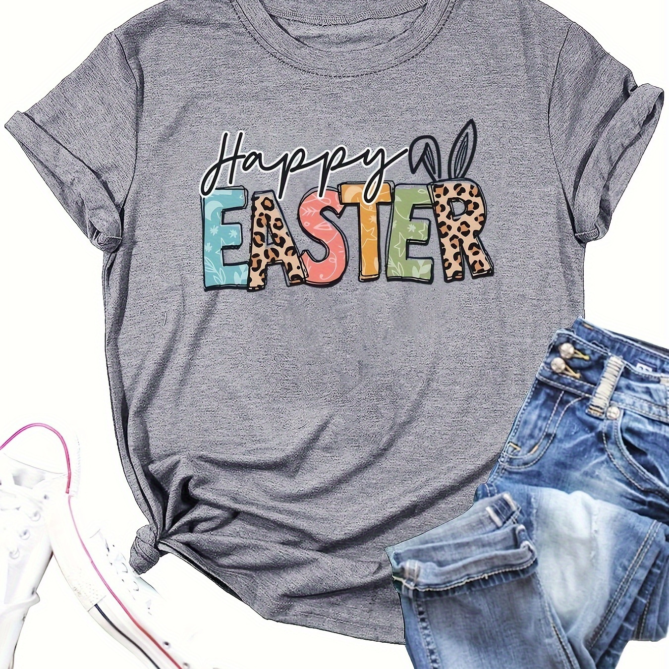 

Happy Easter Print T-shirt, Casual Crew Neck Short Sleeve Top For Spring & Summer, Women's Clothing