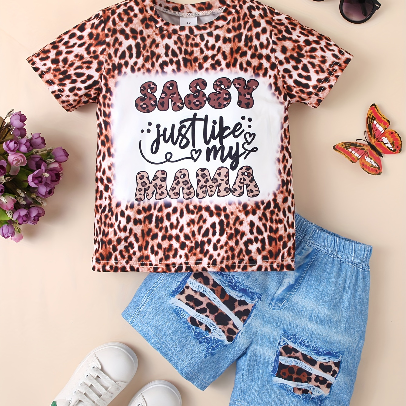 

Girls Outfit Letter 'sassy Just Like My Mama' Leopard Print Short Sleeve T-shirt + Shorts Leggings Set