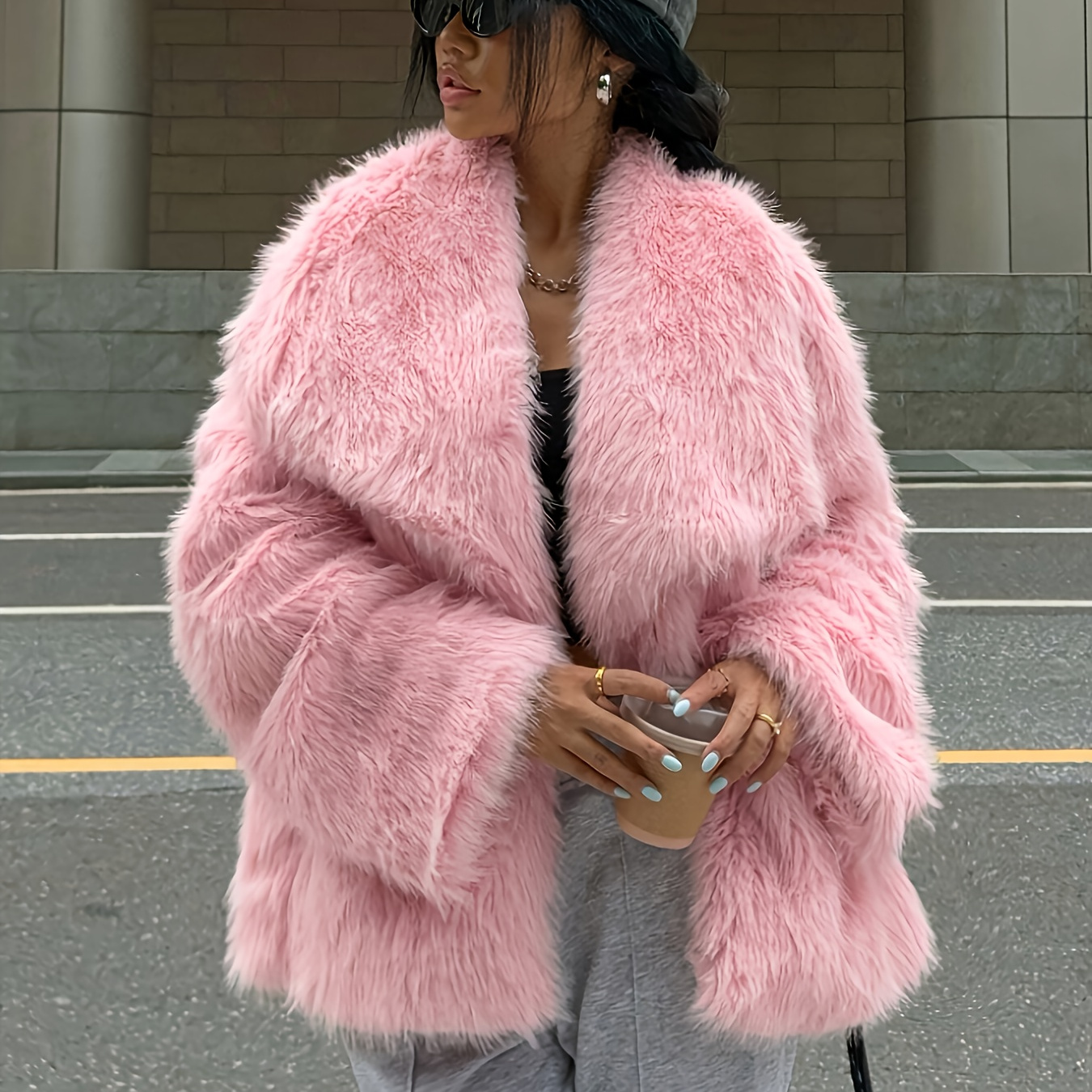 womens winter white pink plush faux fur jacket elegant - Temu