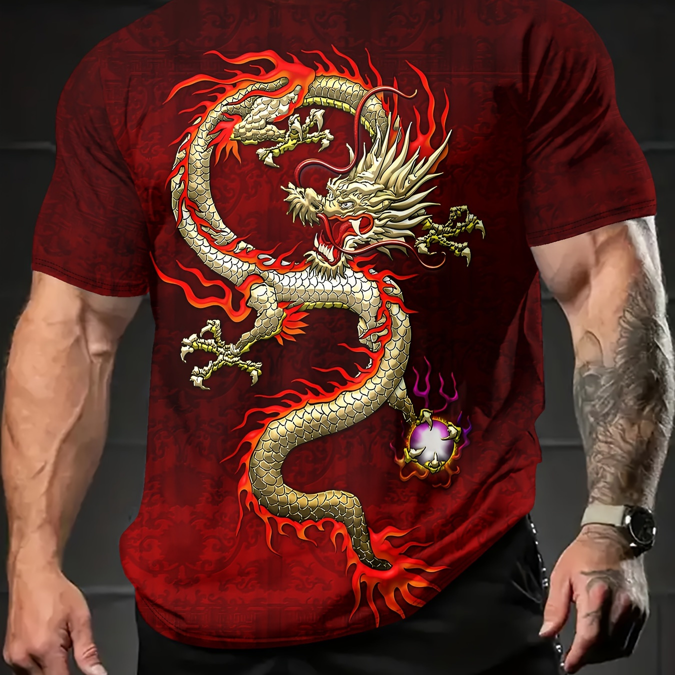 

Chinese Dragon Pattern Design Crew Neck Short Sleeve T-shirt For Men, Casual Summer T-shirt For Daily Wear And Vacation Resorts