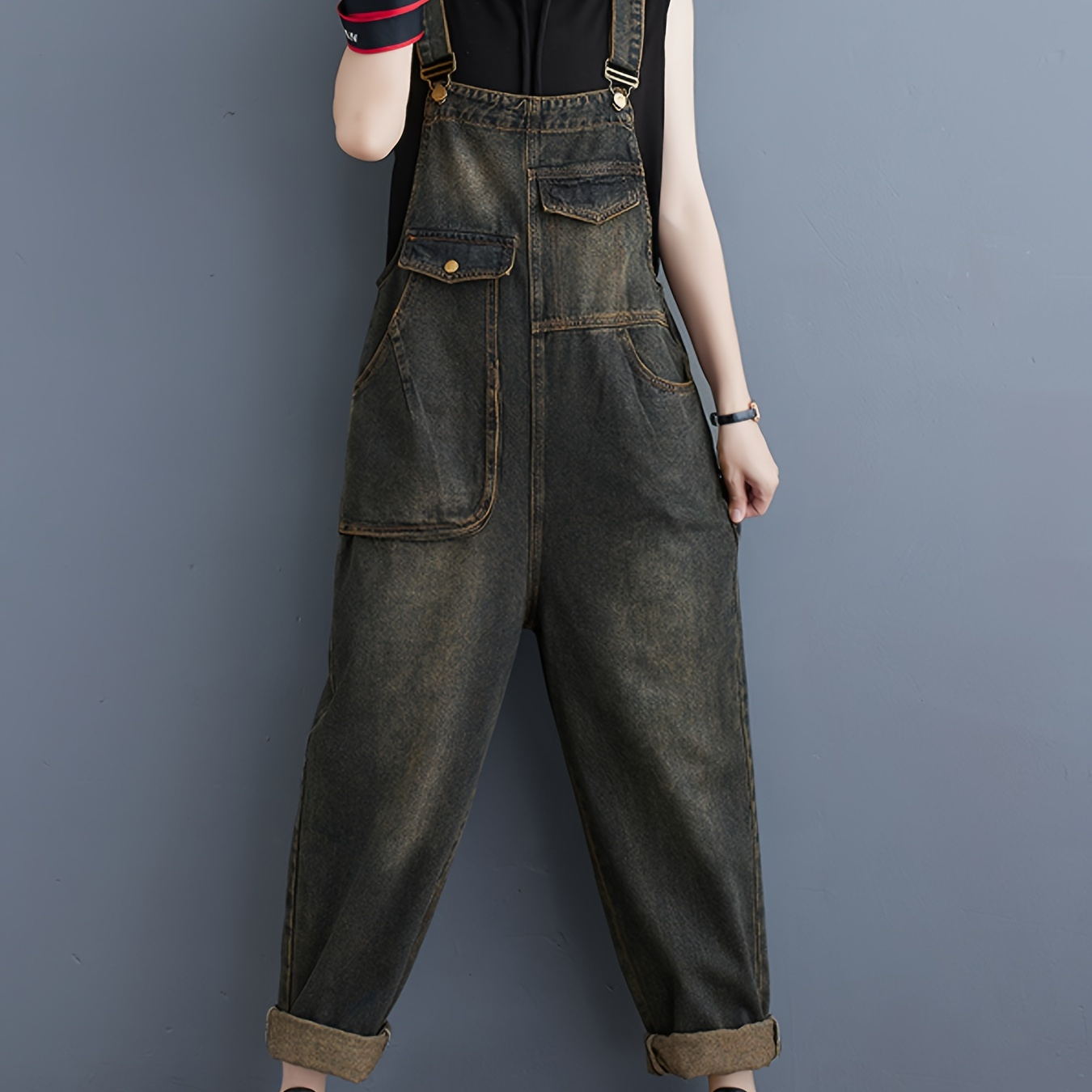 

Women's Casual Denim Overalls, Spring Loose Fit, Vintage Washed Plain Jeans Dungarees With Pockets, Adjustable Straps