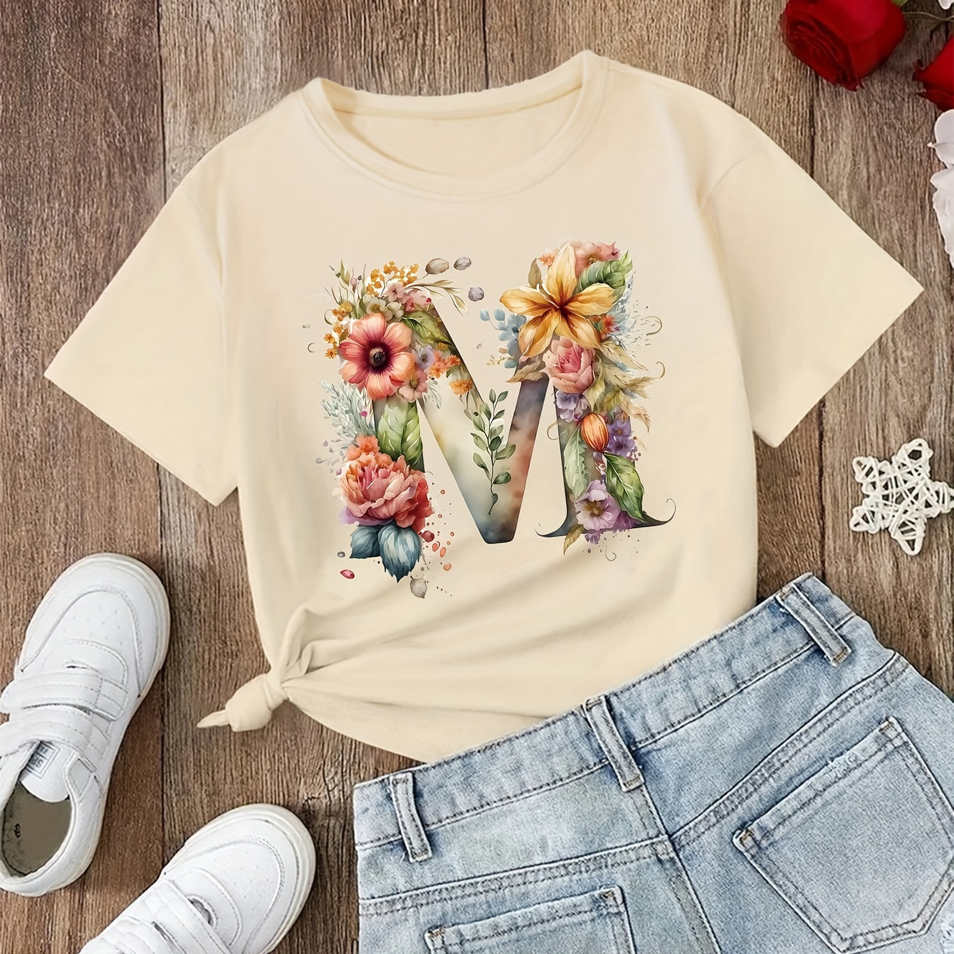 

Girls' Short-sleeve Causal T-shirt With Letter-m Graphic Print, Slight Stretch Knitted Crew Neck Short Sleeve Tee, Suitable For Daily Wear In Summer