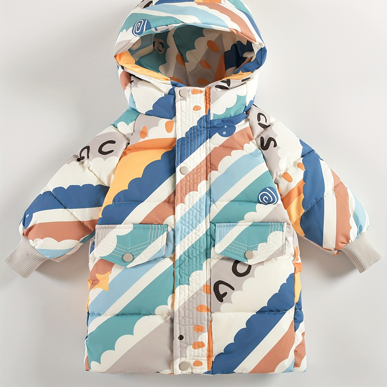 

Boys Warm And Cozy Cartoon Cloud Print Hooded Jacket, Zip Up Coat, Boy's Clothes For Winter Outdoor, As Gift