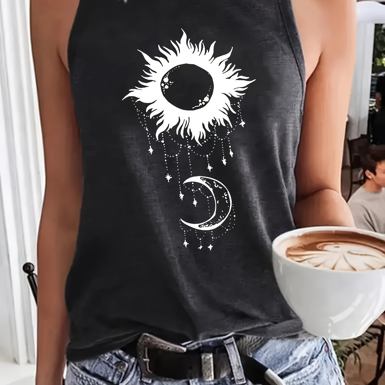 

Moon & Sun Print Tank Top, Sleeveless Casual Top For Summer & Spring, Women's Clothing