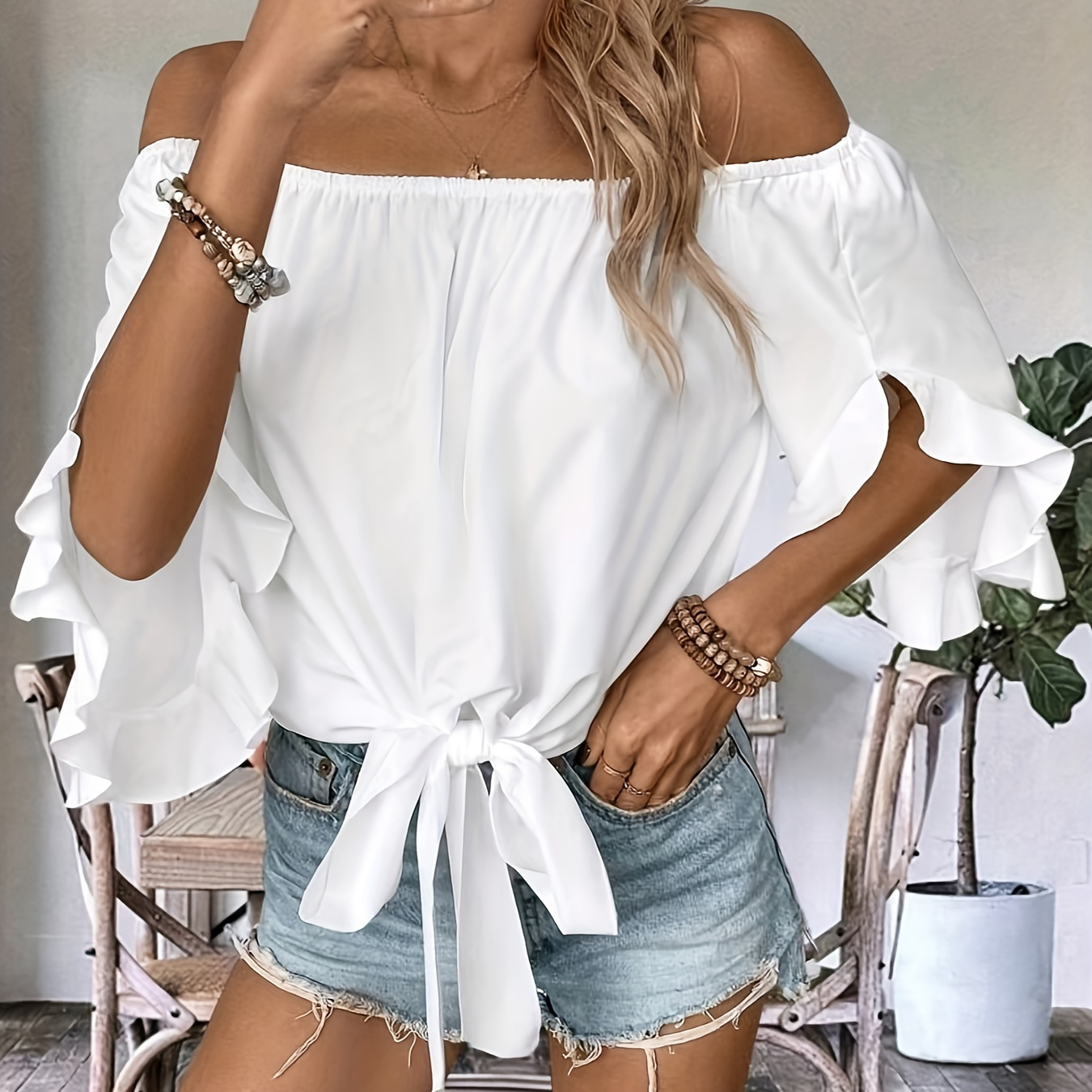 

Ruffle Trim Off-shoulder Blouse, Casual Knot Hem Three-quarter Sleeve Blouse For Spring & Summer, Women's Clothing