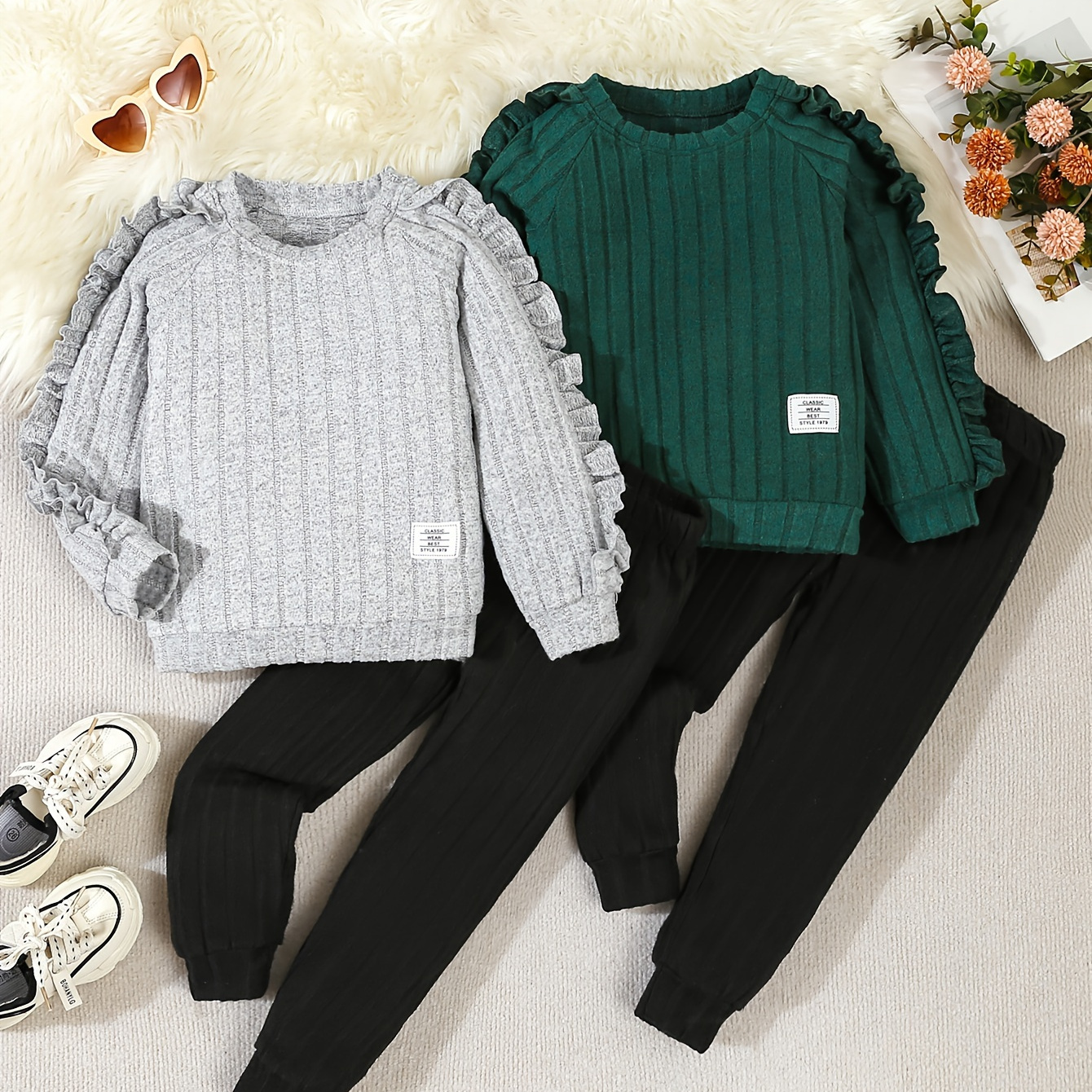 

[2 Sets] Cute Lettuce Trim Long Sleeve Tops + Solid Jogger Pants, Casual Girls Outfits For Fall/ Spring, Activities, As Gifts