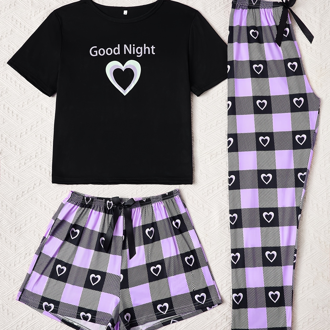 

Print Slogan Pattern Black Short Sleeve Top + Love Shorts + And Love Long Pants With Bow Decoration And Waist 3pcs Pajama Set