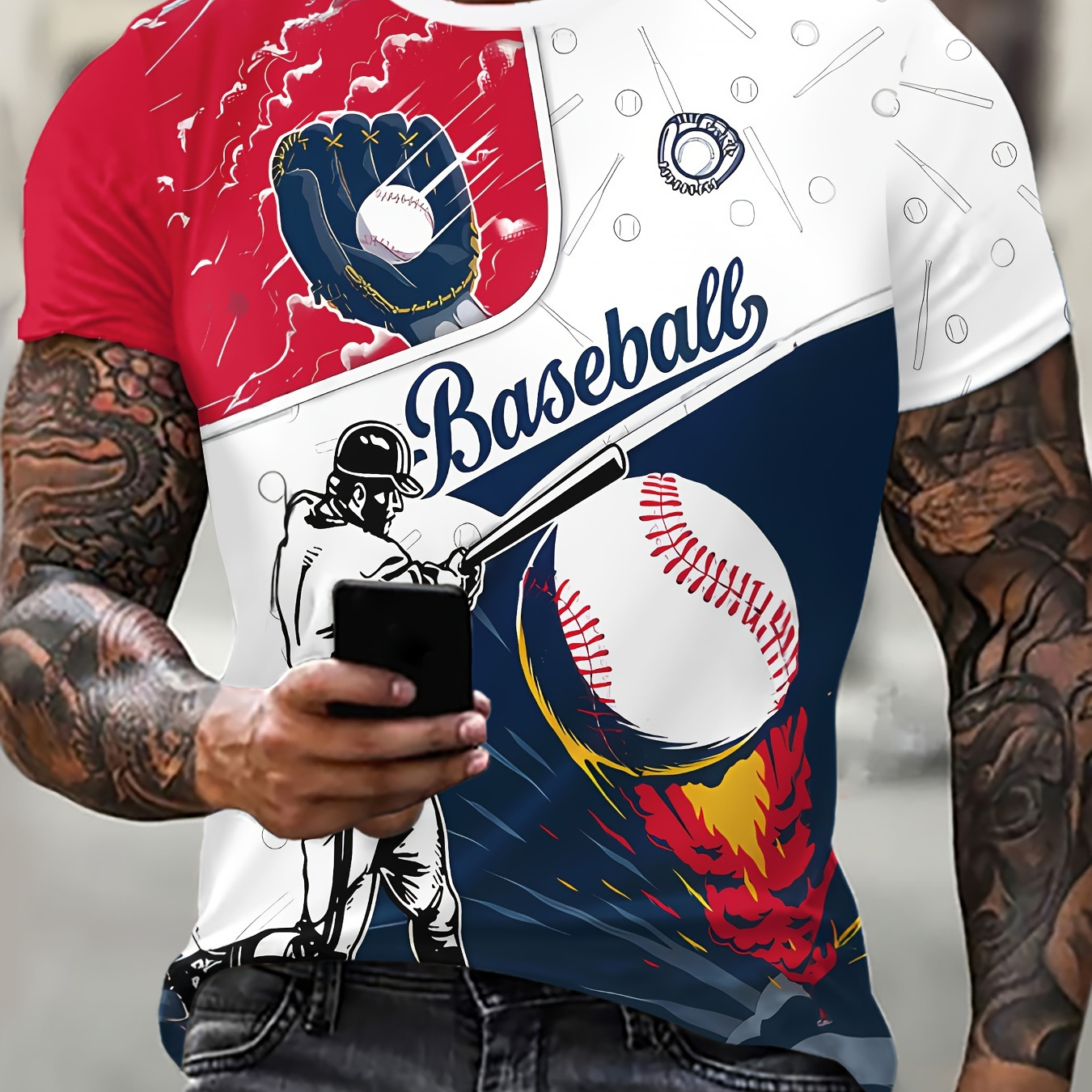 

Men's Baseball Theme Pattern Crew Neck And Short Sleeve T-shirt, Chic And Trendy Tops For Summer Sports And Outdoors Wear