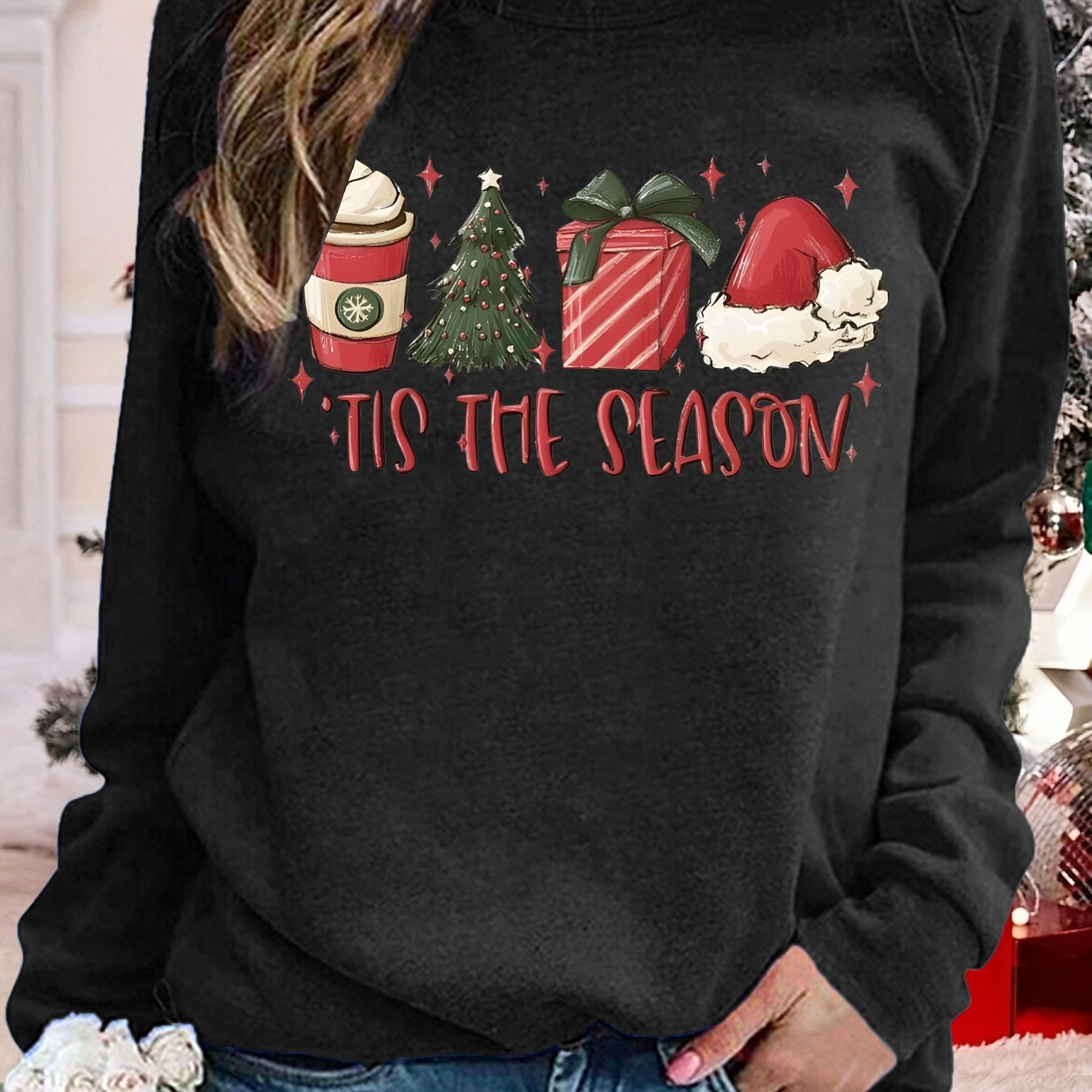 

Christmas Graphic Pattern Sweatshirt, Casual Raglan Sleeve Crew Neck Sweatshirt For Fall & Winter, Women's Clothing