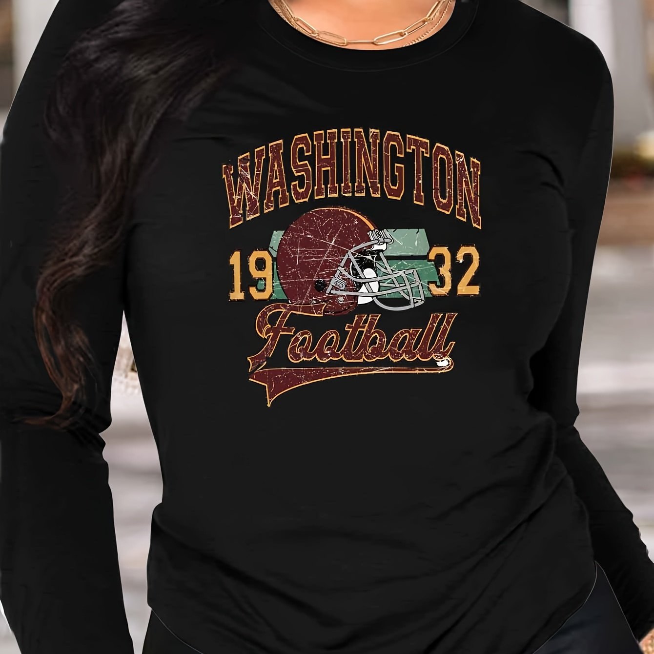 

Football 1932 Graphic Applique Women's Long Sleeve T-shirt - 100% Polyester Casual Crew Neck Knit Top For Fall/winter