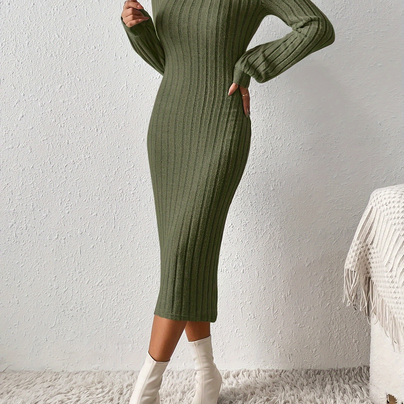 

Ribbed Solid Bodycon Dress, Elegant Turtleneck Long Sleeve Dress, Women's Clothing