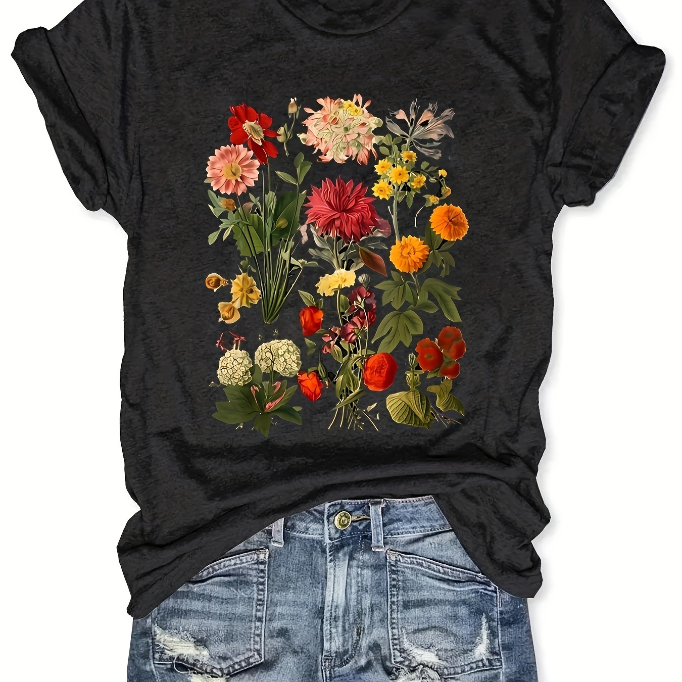 

Floral Print Crew Neck T-shirt, Casual Short Sleeve Top Fot Spring & Summer, Women's Clothing