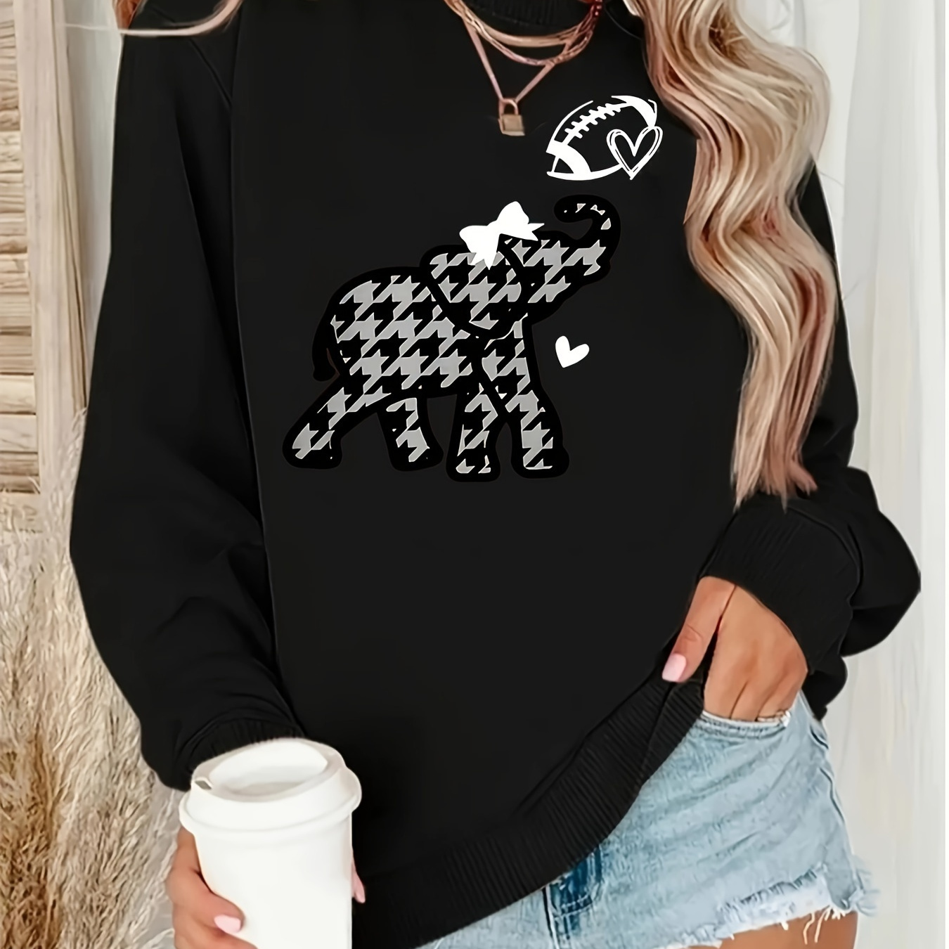 

Plus Size Elephant Print Sweatshirt, Casual Crew Neck Long Sleeve Pullover Sweatshirt For Spring & Fall, Women's Plus Size Clothing