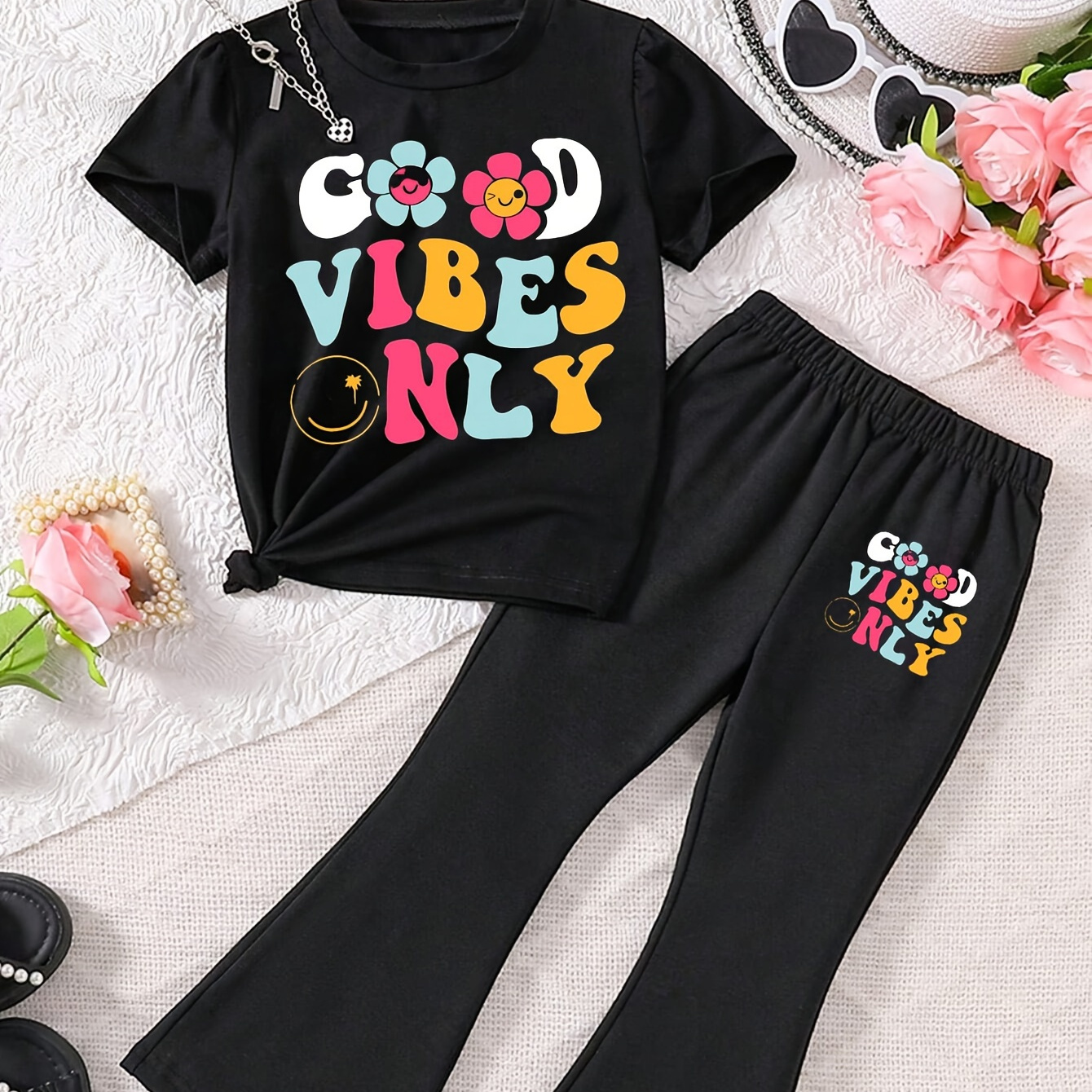 

2pcs, Girls Cute Cartoon Letter Graphic Outfits Short Sleeve T-shirt Top + Flare Pants Set For Summer