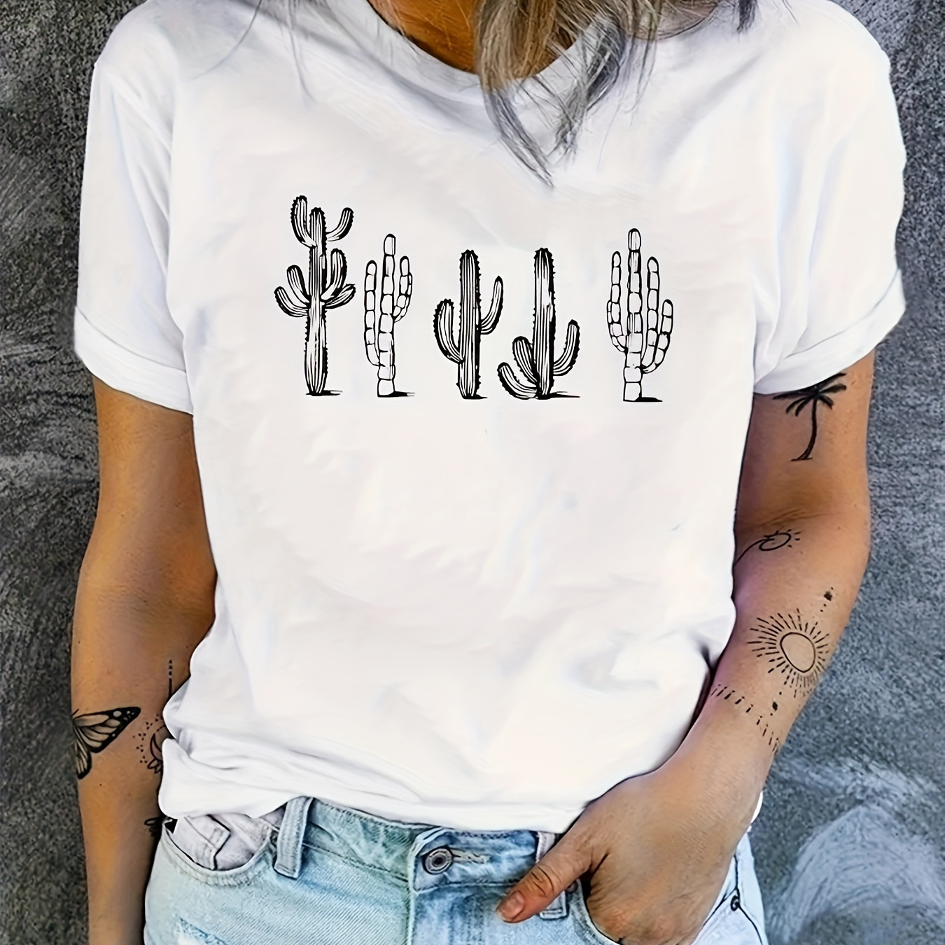 

Cactus Print T-shirt, Casual Crew Neck Short Sleeve Daily Top, Women's Clothing