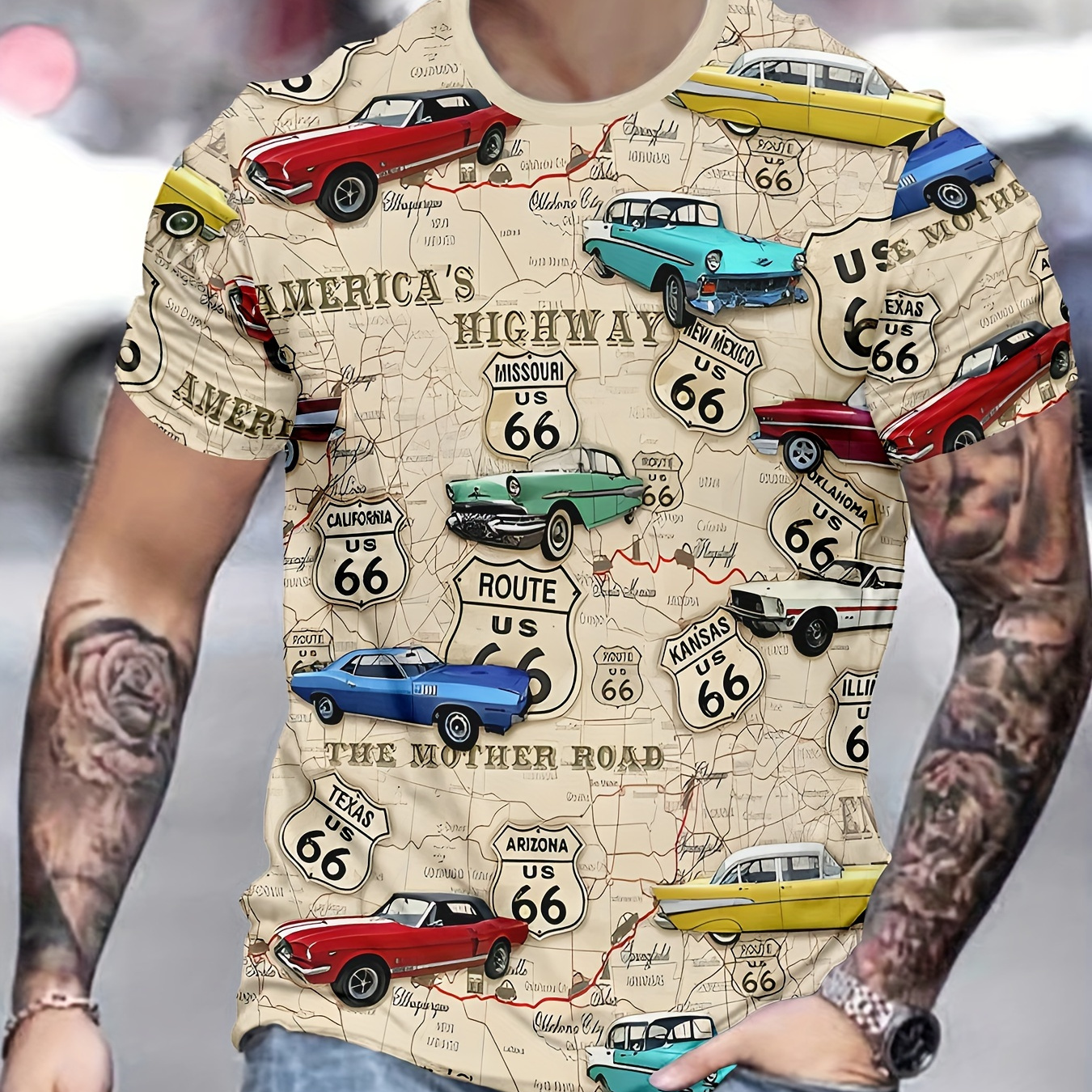 

Men's Cars Graphic Print T-shirt, Casual Short Sleeve Crew Neck Tee, Men's Clothing For Summer Outdoor Streetwear