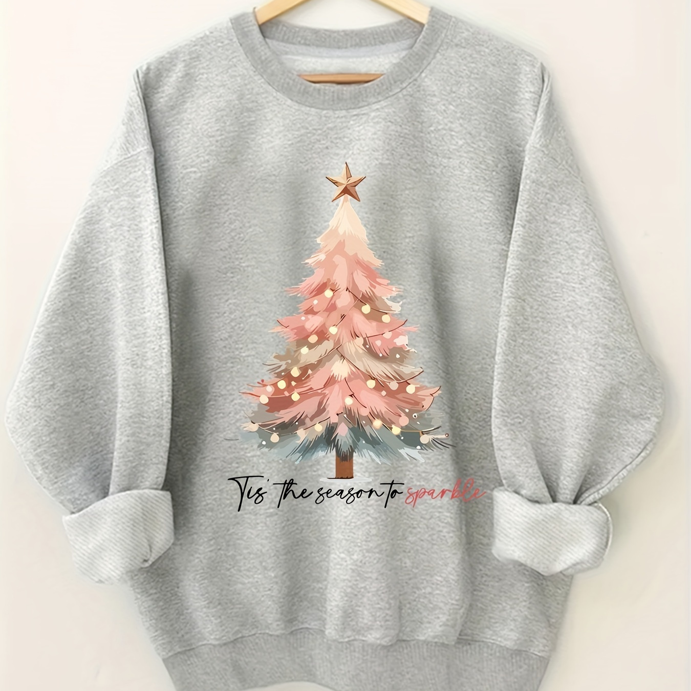 

1pc Women's Plus Size Christmas Sweatshirt, Casual Round Neck Pullover With Letter Print, Polyester Knit Jumper For Spring/autumn