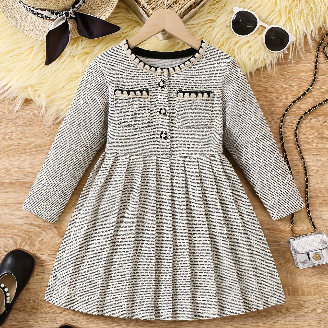 

Girls Trendy & Stylish Long Sleeve Tweed Knitted Button Up Box Pleated Dress For Spring & Fall Outdoors