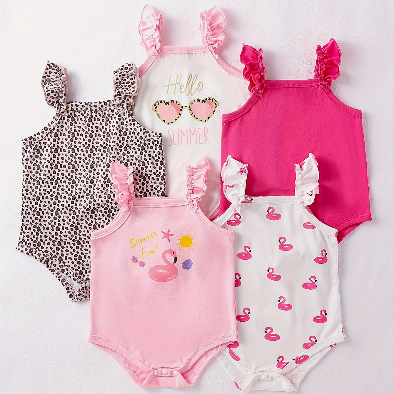 

5pcs Baby's Ruffle Decor Triangle Bodysuit, Cartoon Flamingo & Sunglasses & Leopard Pattern Casual Sleeveless Romper, Toddler & Infant Girl's Onesie For Summer, As Gift